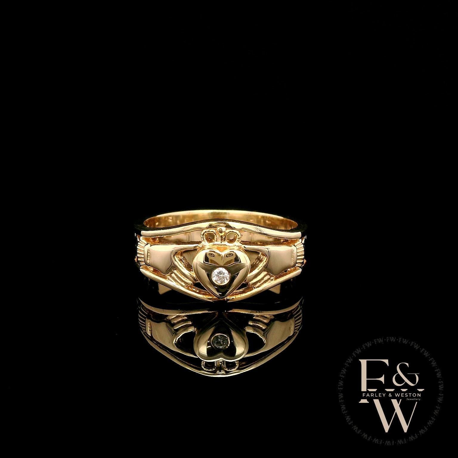 9ct Yellow Gold & Diamond Claddagh Ring