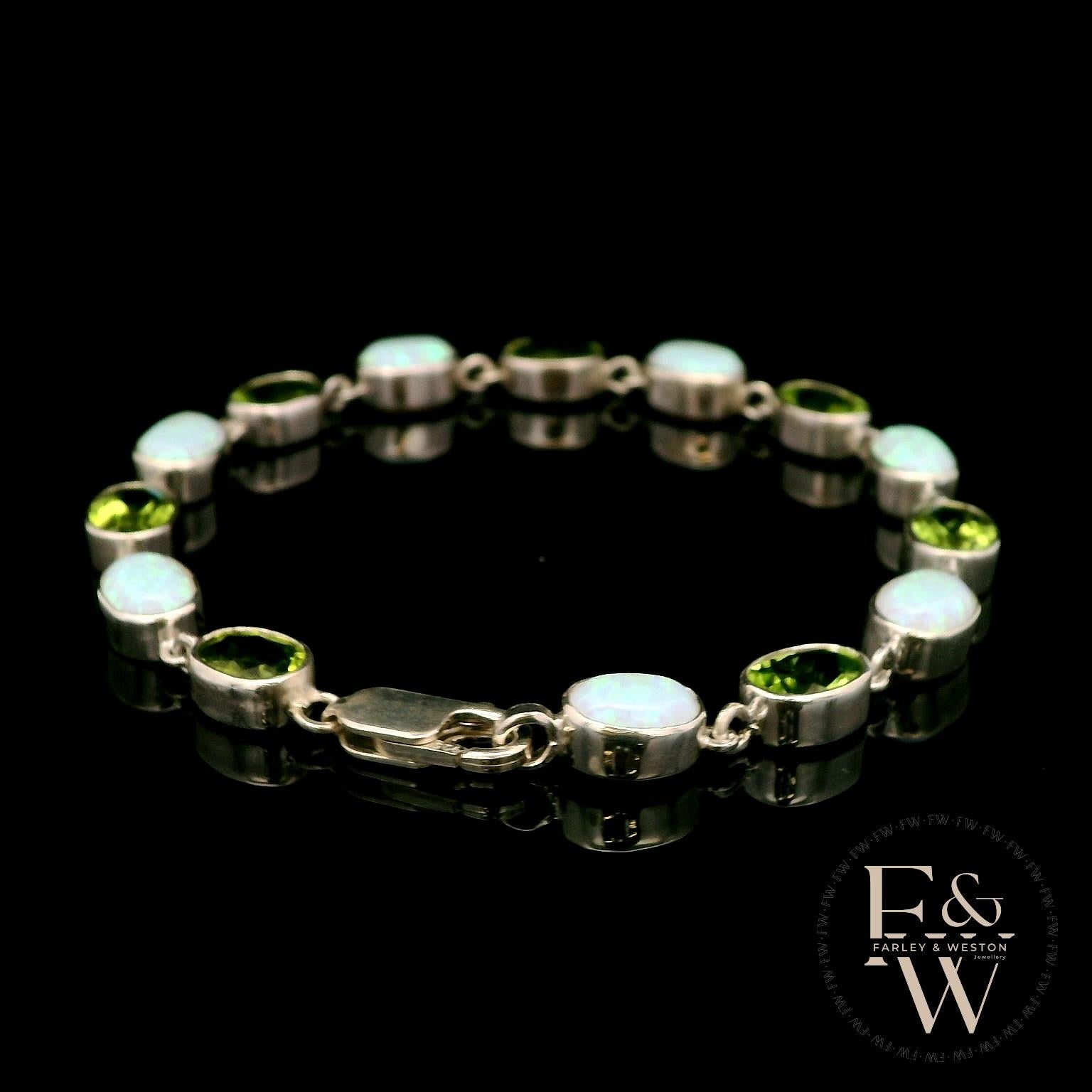Sterling Silver Oval Cultured Opal and Peridot Bracelet