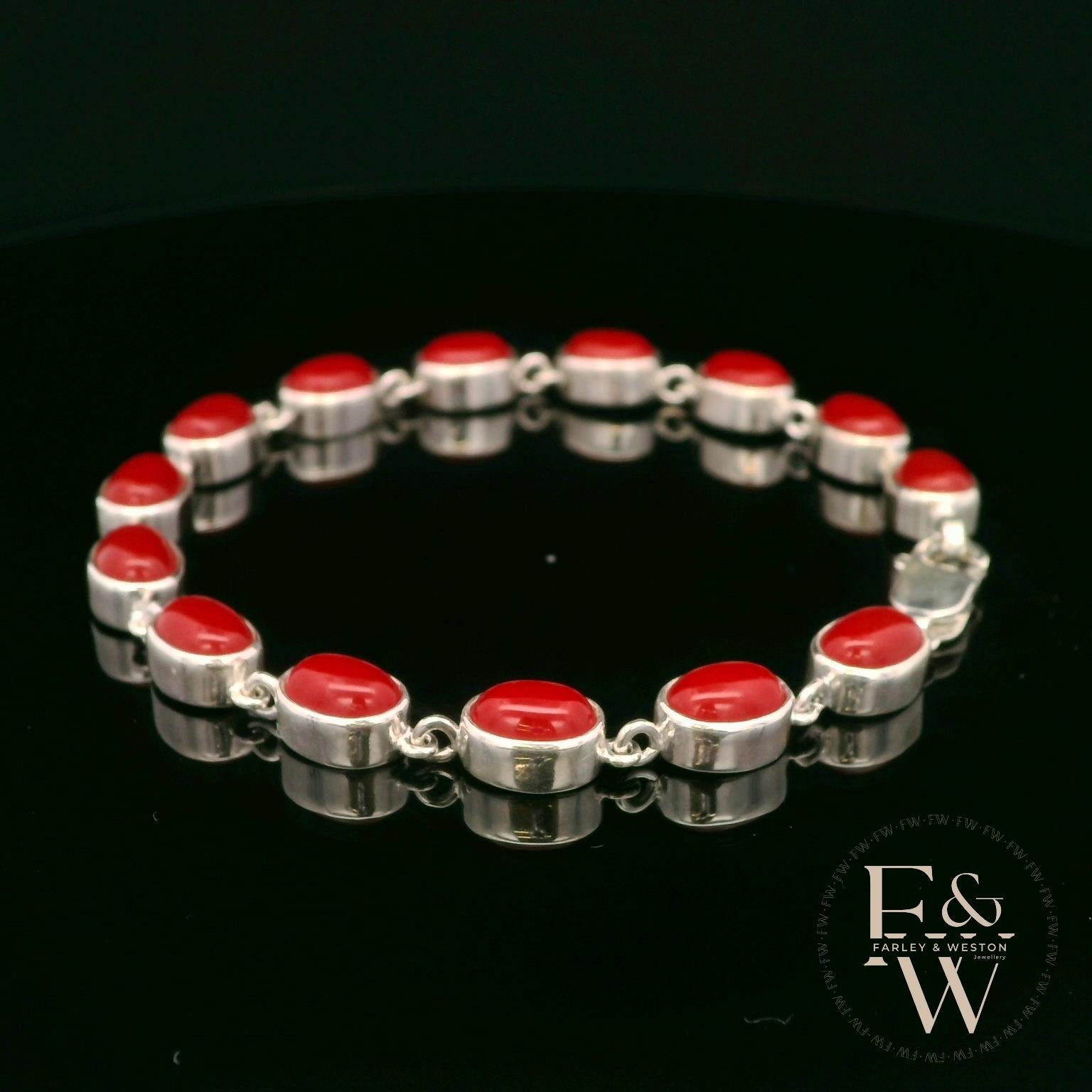 Sterling Silver Oval Red Coral Bracelet