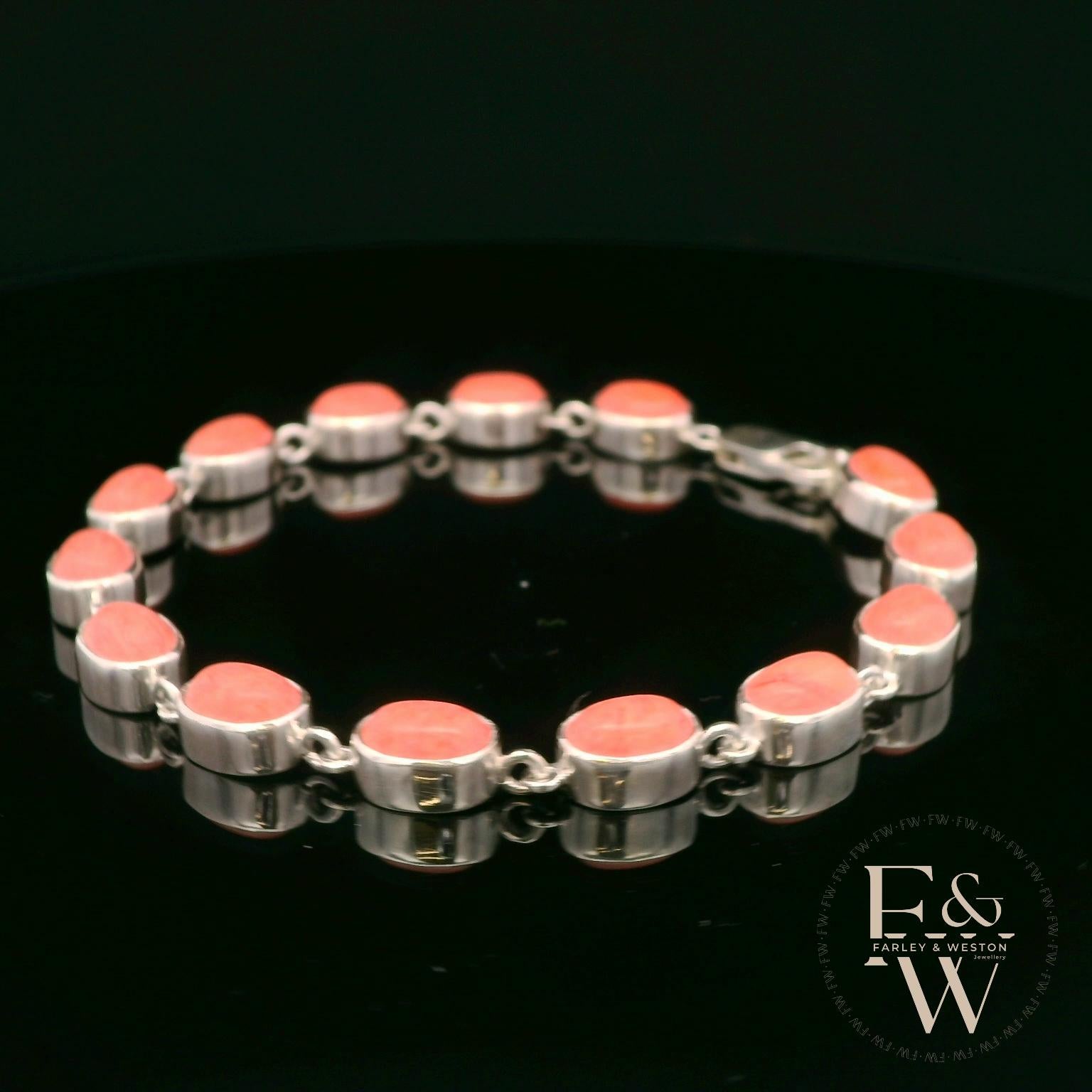 Sterling Silver Oval Coral Bracelet