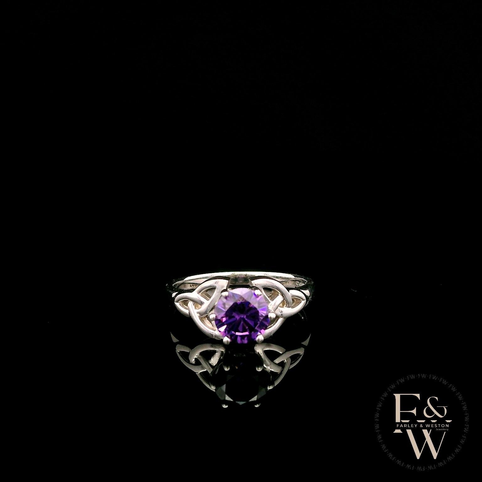 Celtic Patterned 9ct White Gold Amethyst CZ Single Stone Ring