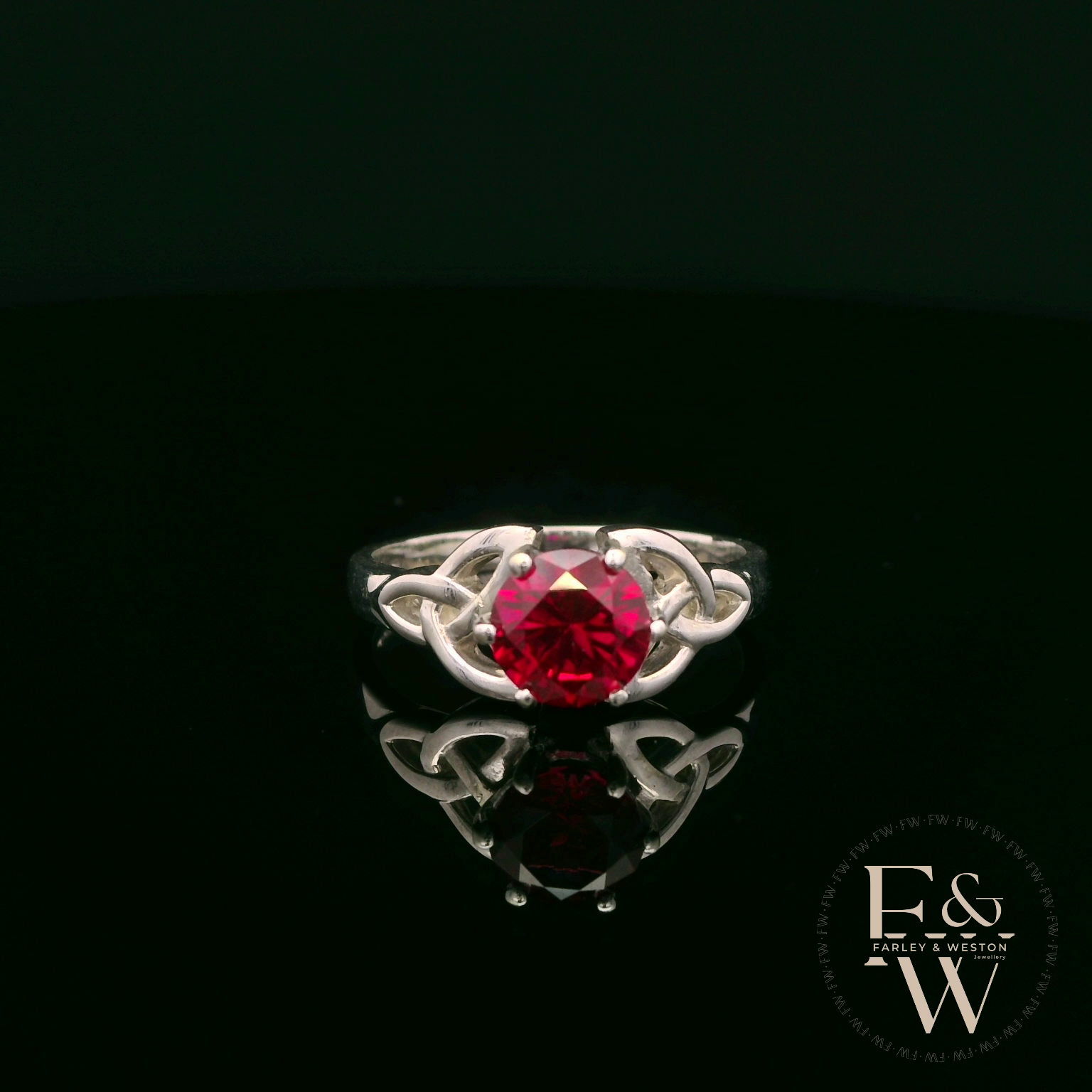 Celtic Patterned 9ct White Gold Ruby CZ Single Stone Ring