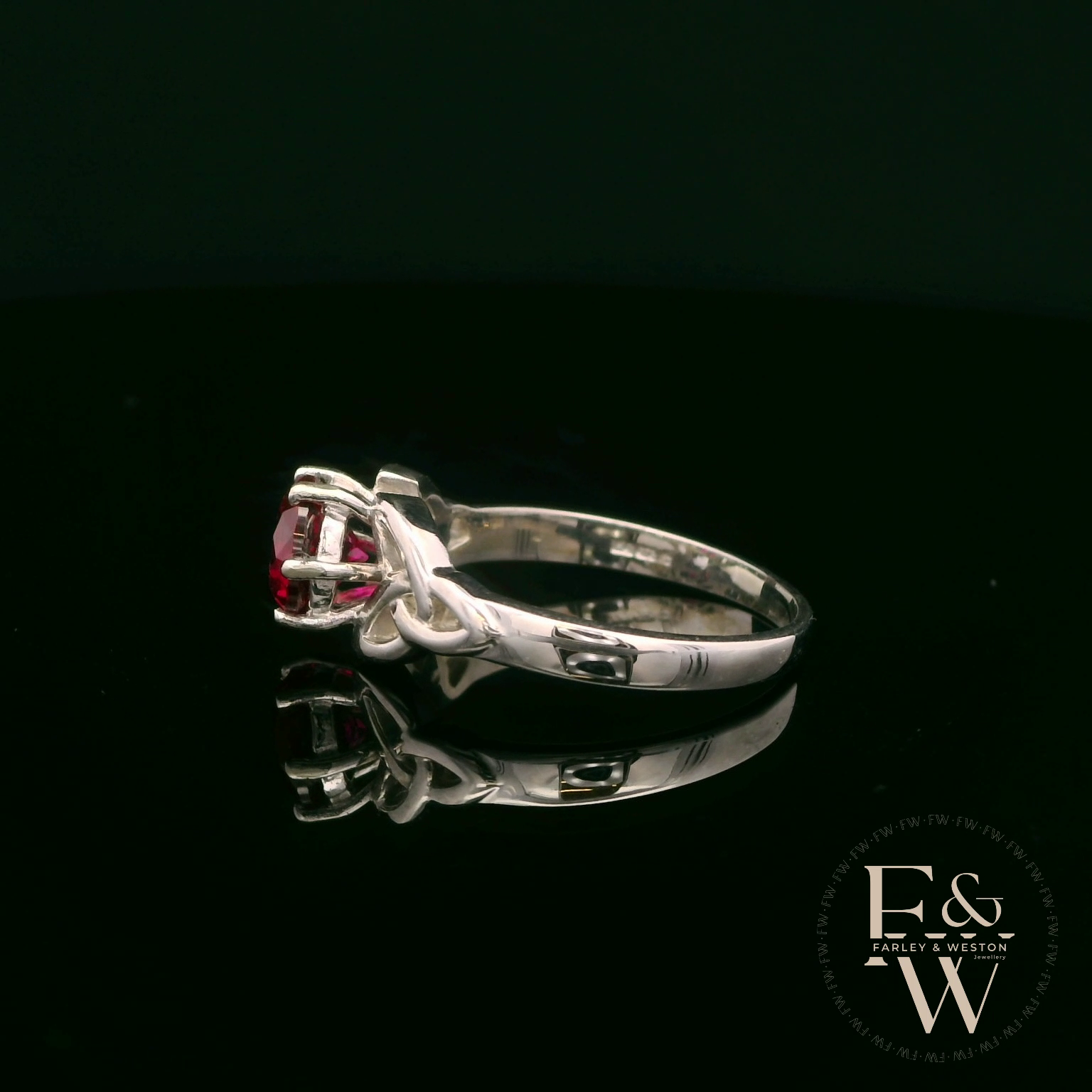 Celtic Patterned 9ct White Gold Ruby CZ Single Stone Ring