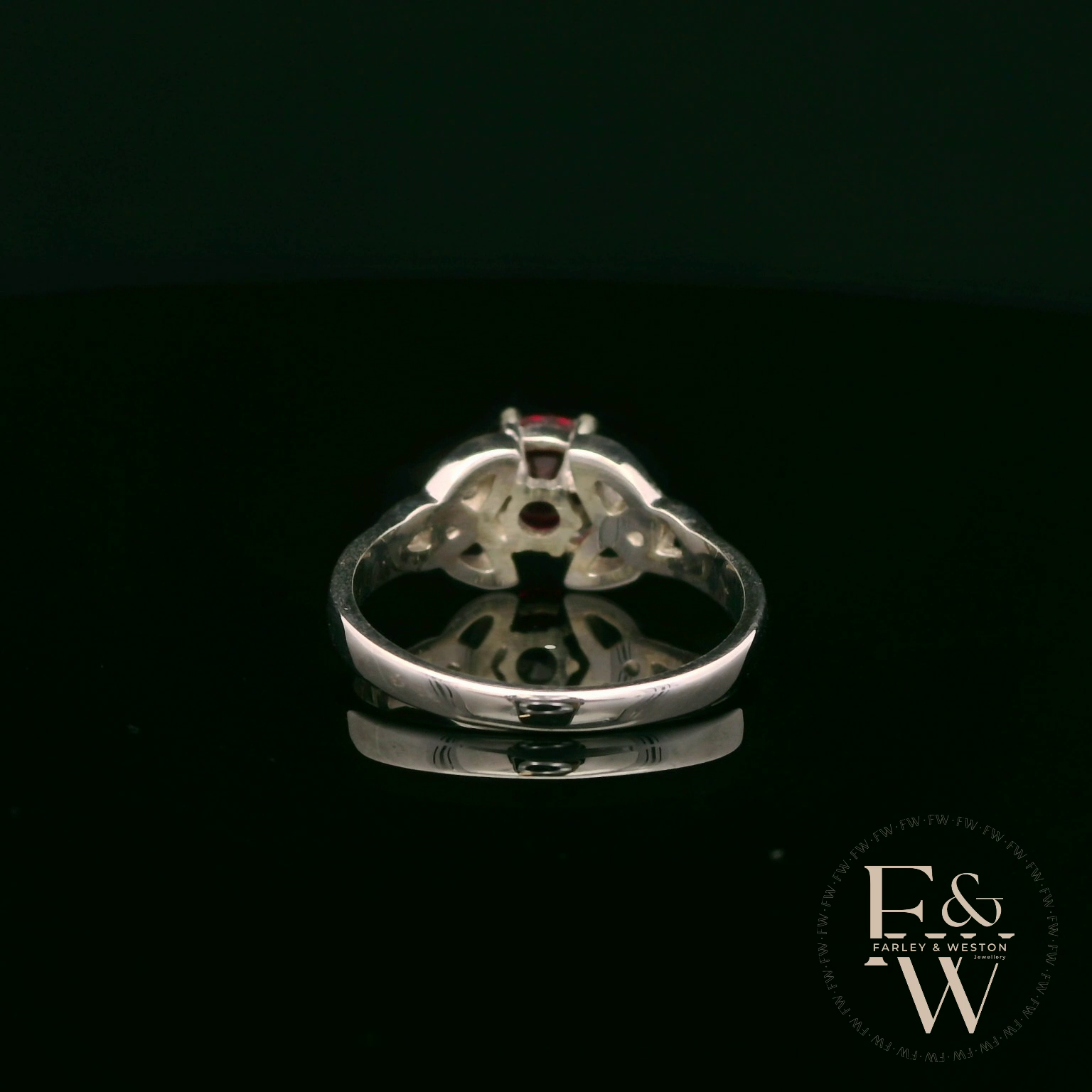 Celtic Patterned 9ct White Gold Ruby CZ Single Stone Ring