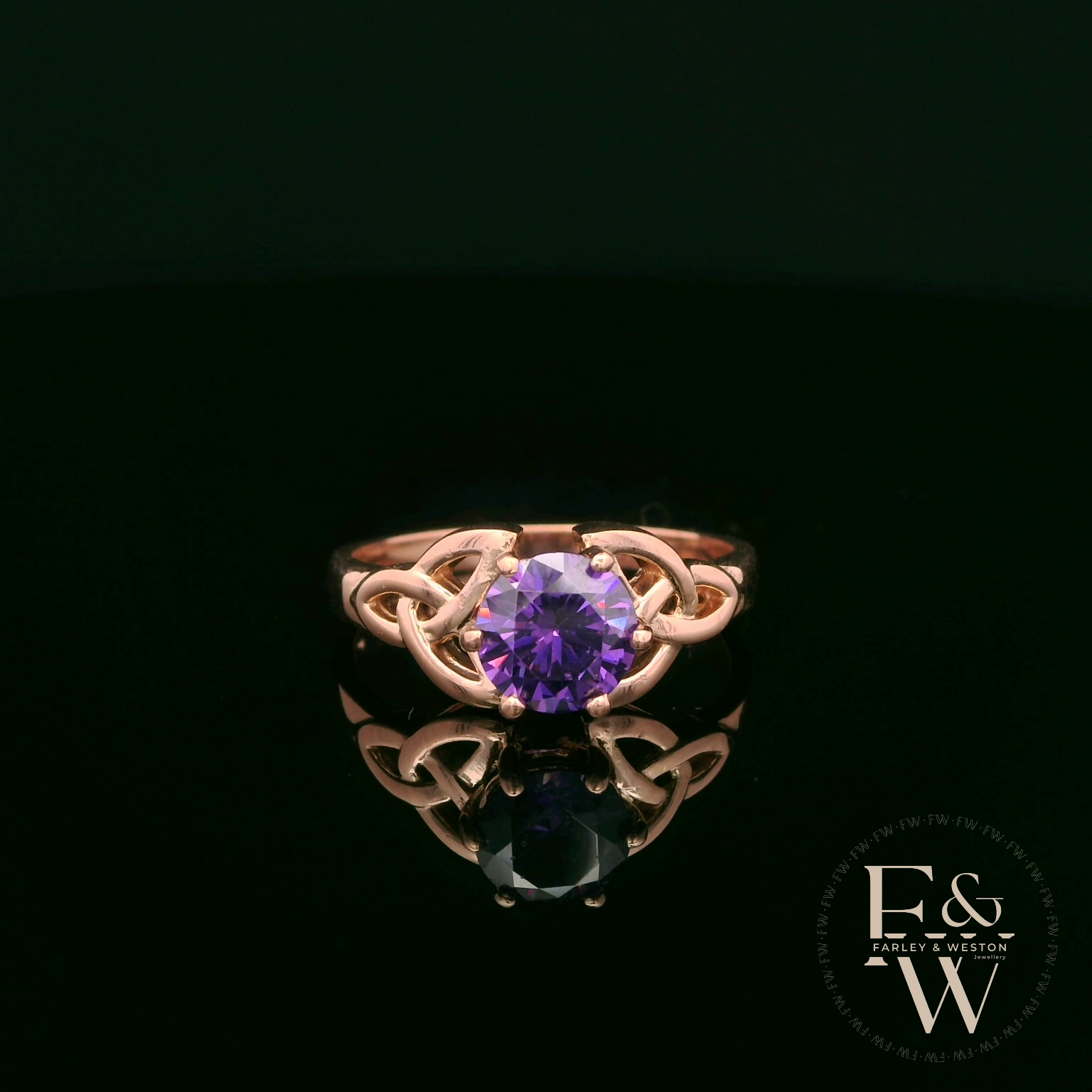 Celtic Patterned 9ct Rose Gold Amethyst CZ Single Stone Ring