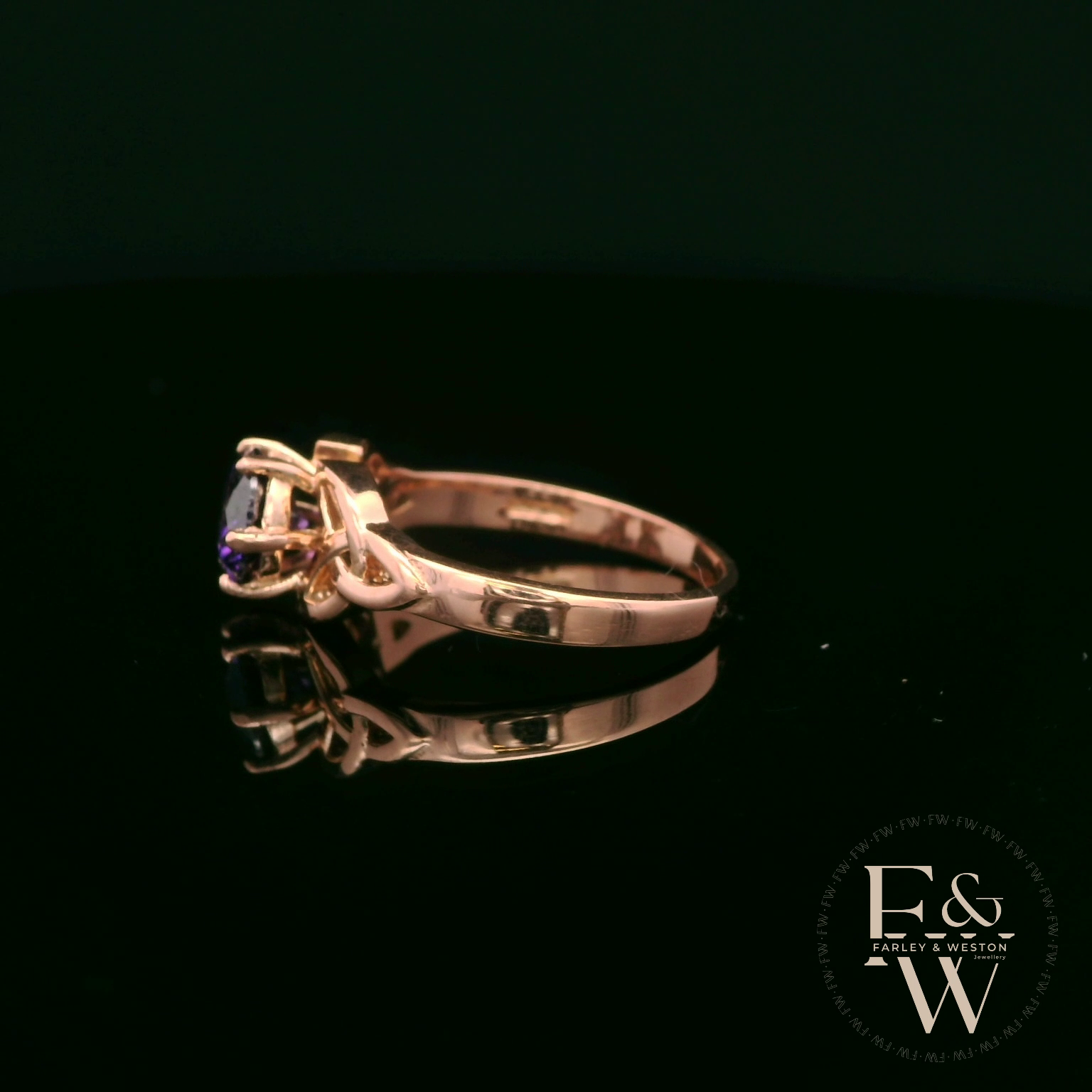 Celtic Patterned 9ct Rose Gold Amethyst CZ Single Stone Ring