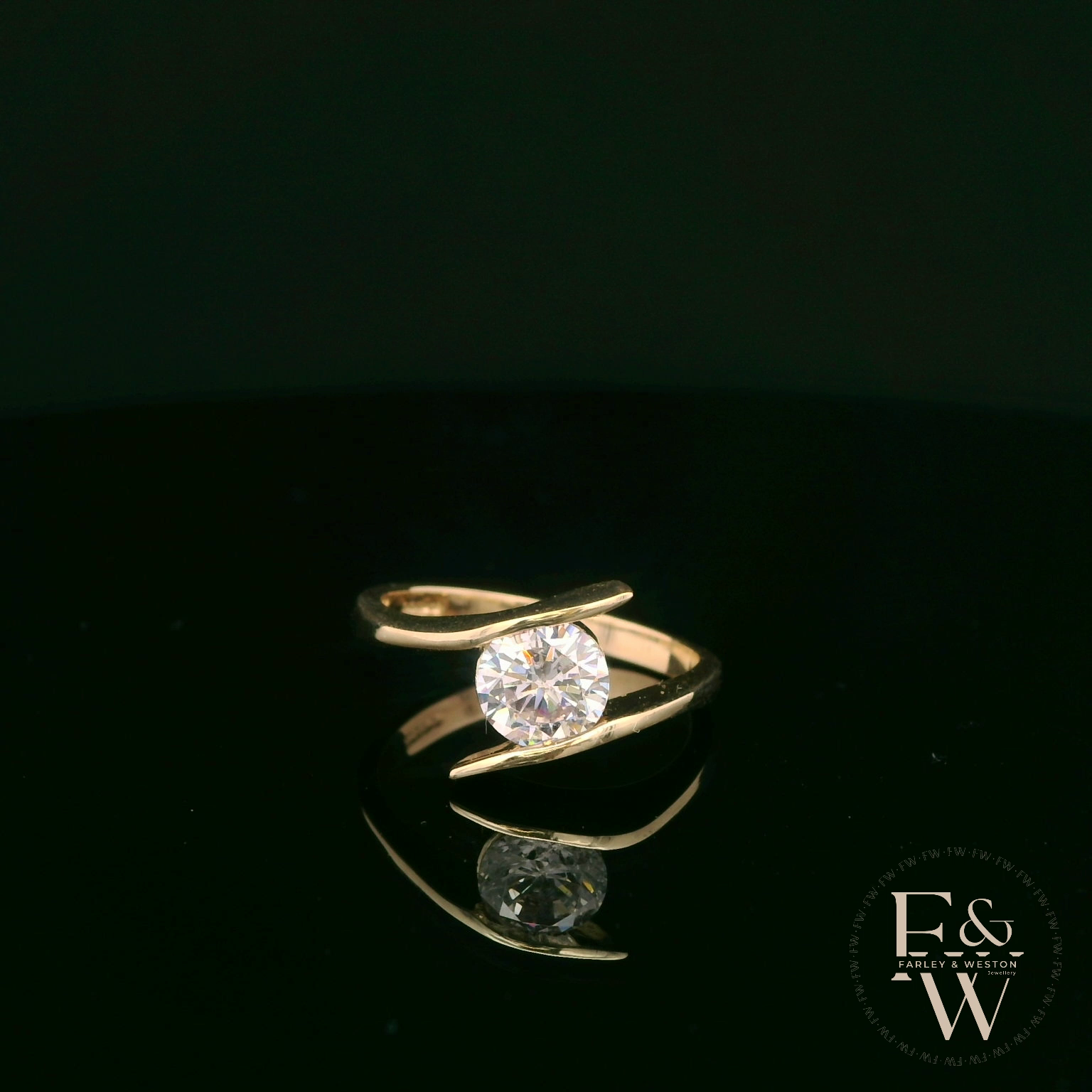 9ct Yellow Gold Tension Set Single Stone White Moissanite Ring