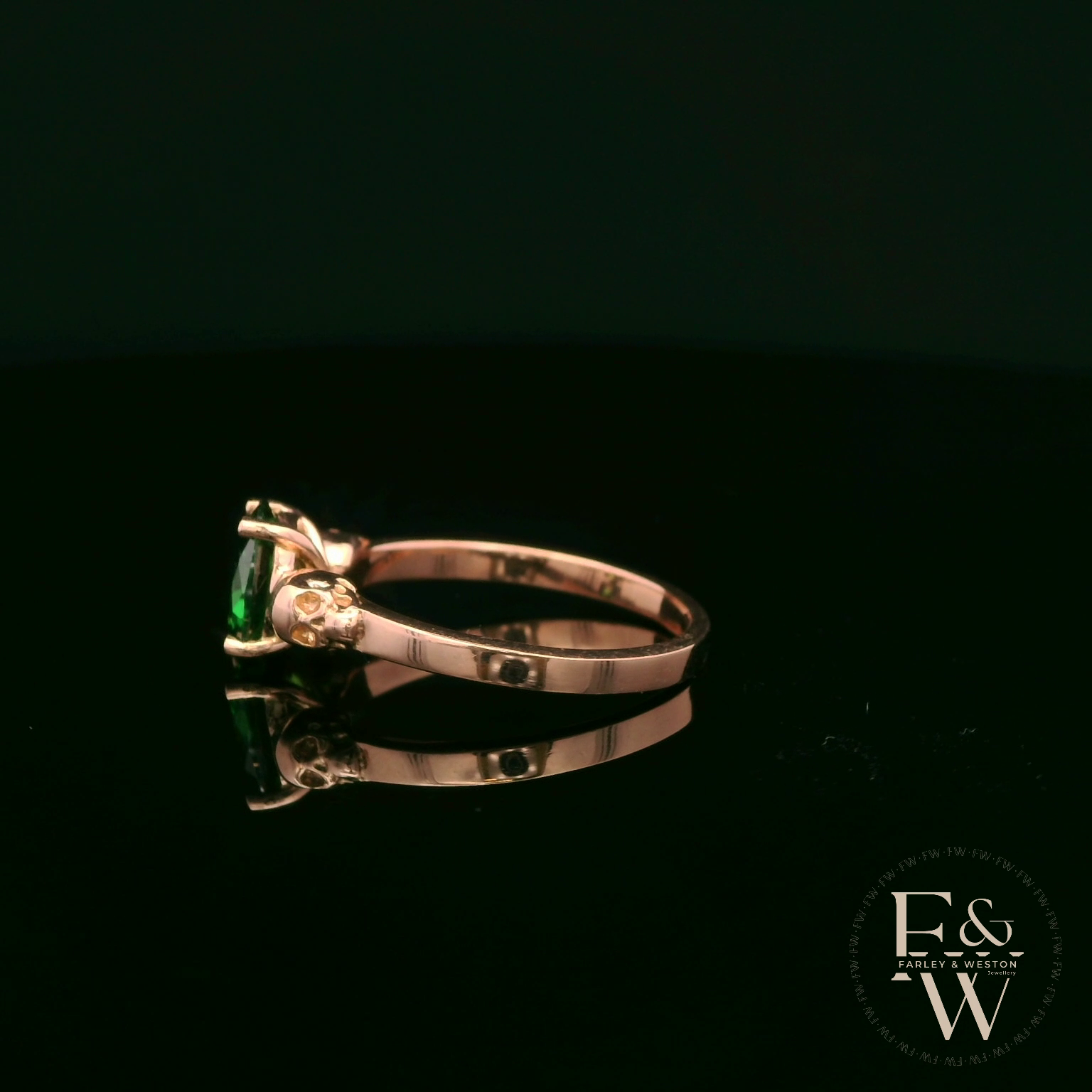 9ct Rose Gold Skull Shoulder Emerald CZ Solitaire Ring