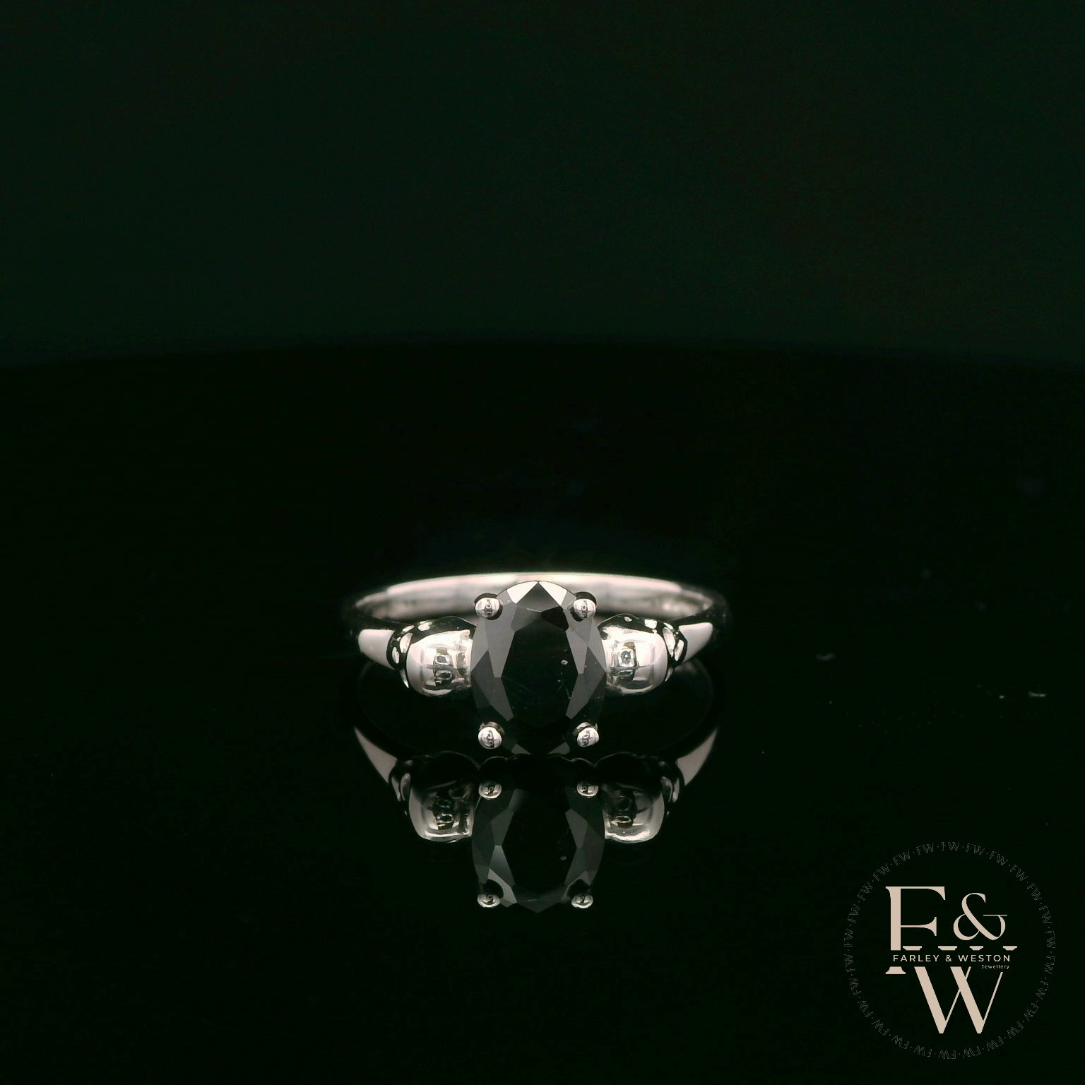 9ct White Gold Skull Shoulder Black CZ Solitaire Ring