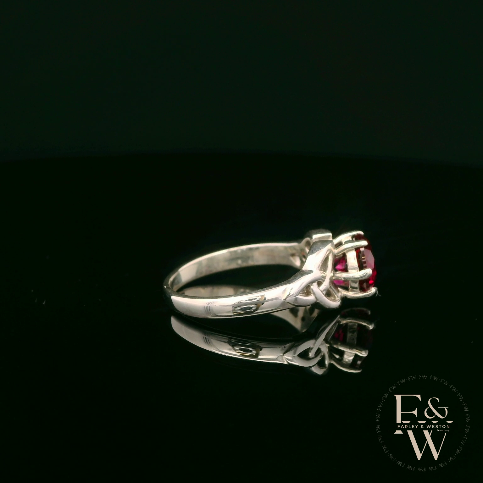 Celtic Patterned Sterling Silver Ruby CZ Single Stone Ring