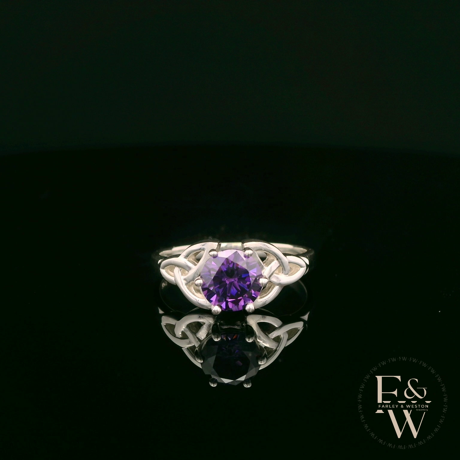 Celtic Patterned Sterling Silver Amethyst CZ Single Stone Ring
