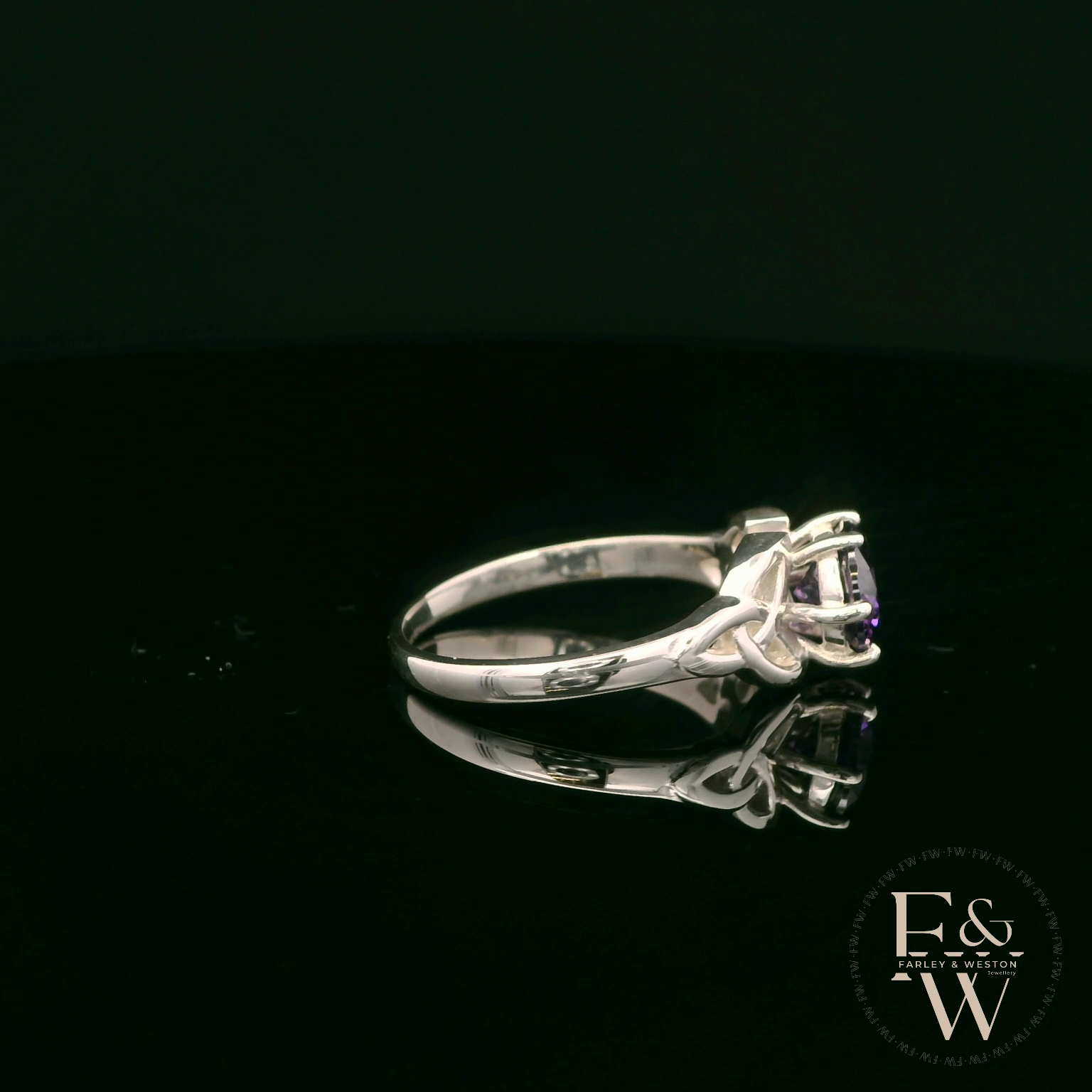 Celtic Patterned Sterling Silver Amethyst CZ Single Stone Ring