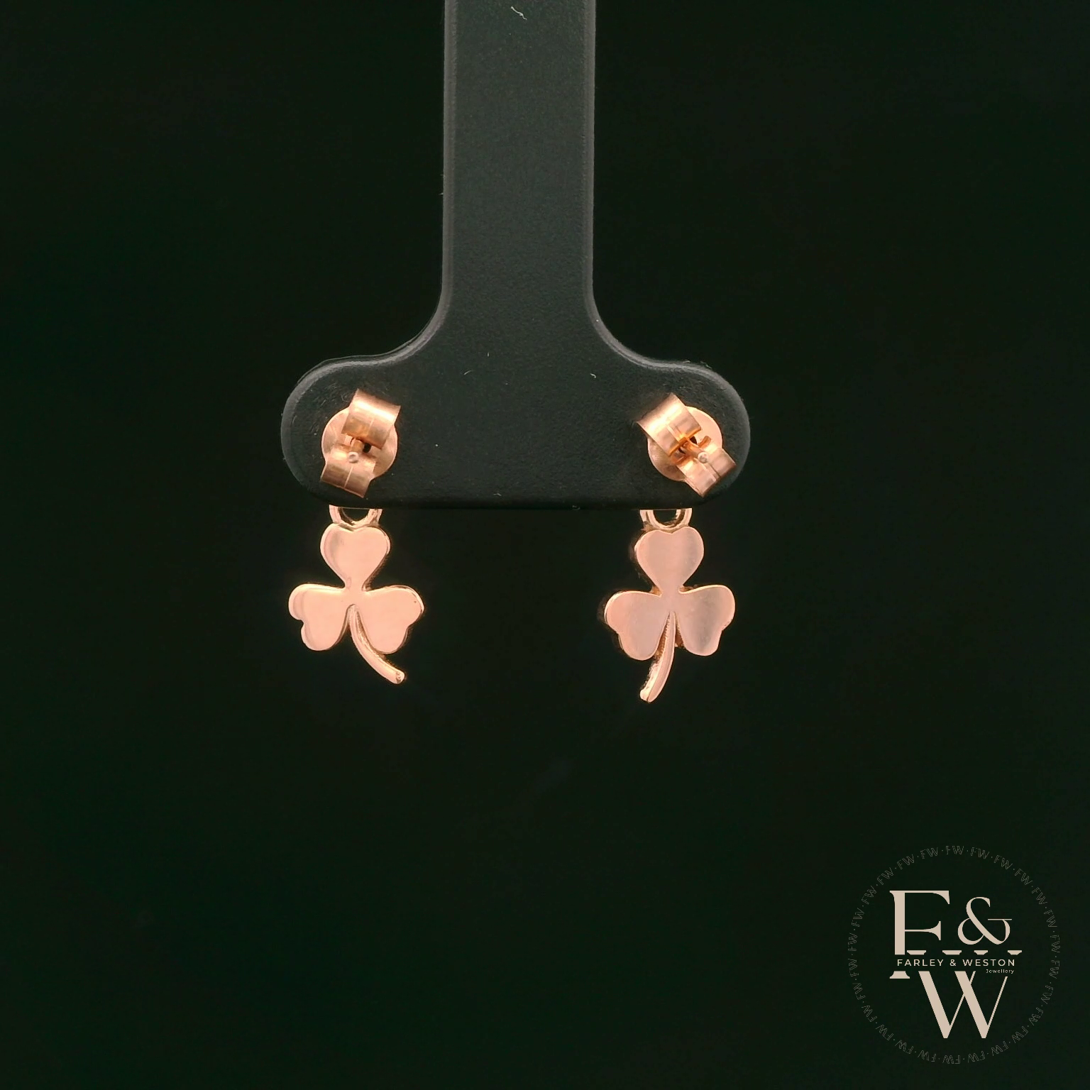 9ct Rose Gold 3 Leaf Clover Dropper Earrings
