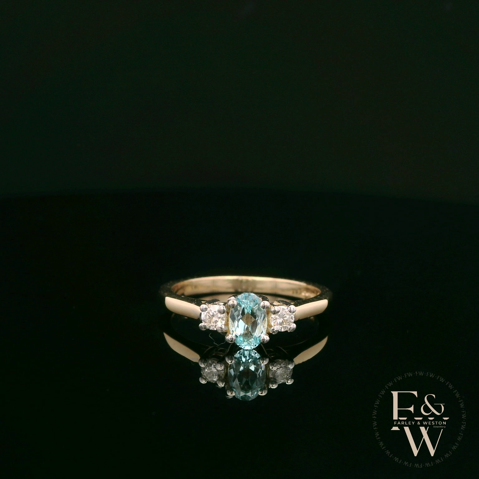 Lab-Grown Aqua and Diamond 9ct Yellow Gold Trilogy Ring