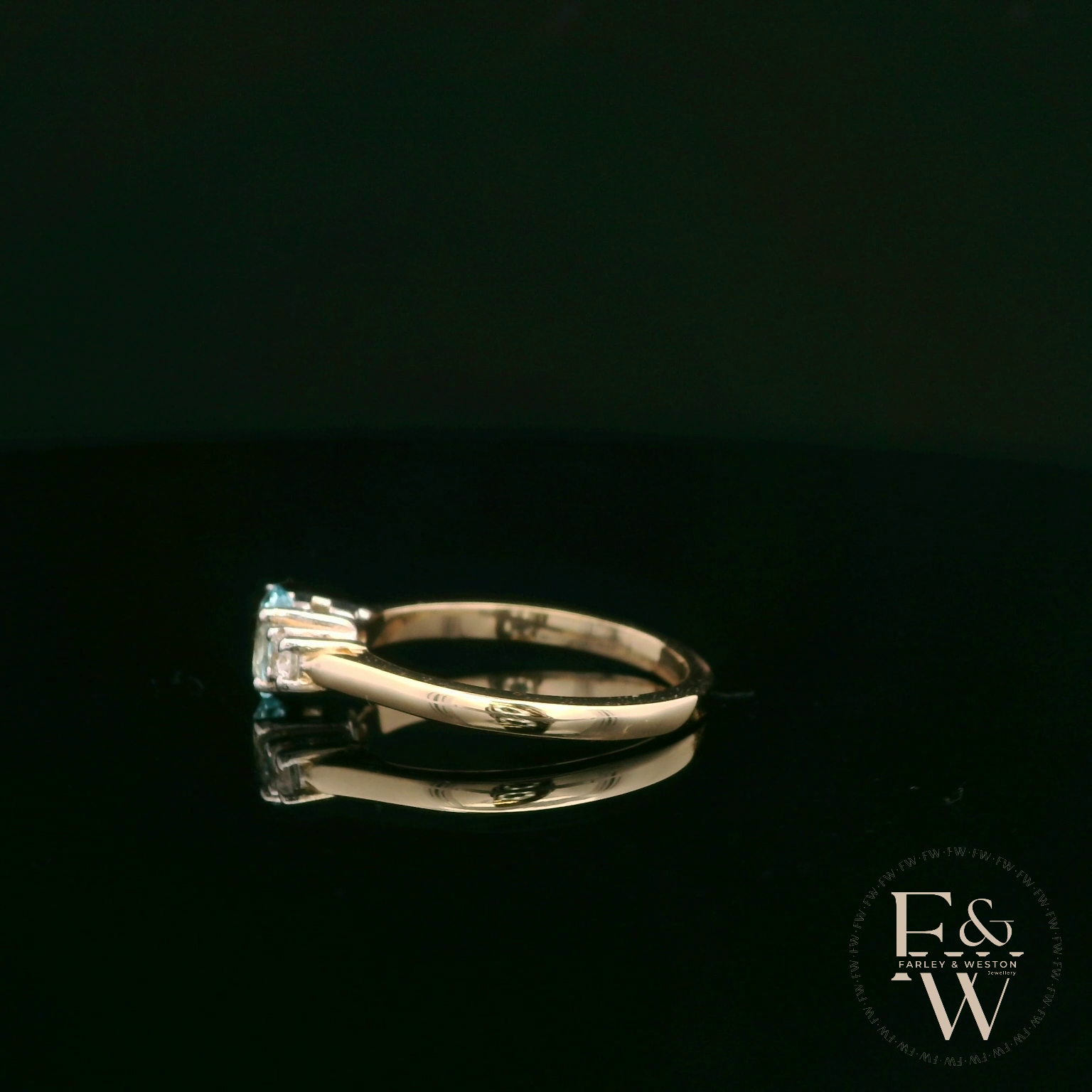 Lab-Grown Aqua and Diamond 9ct Yellow Gold Trilogy Ring