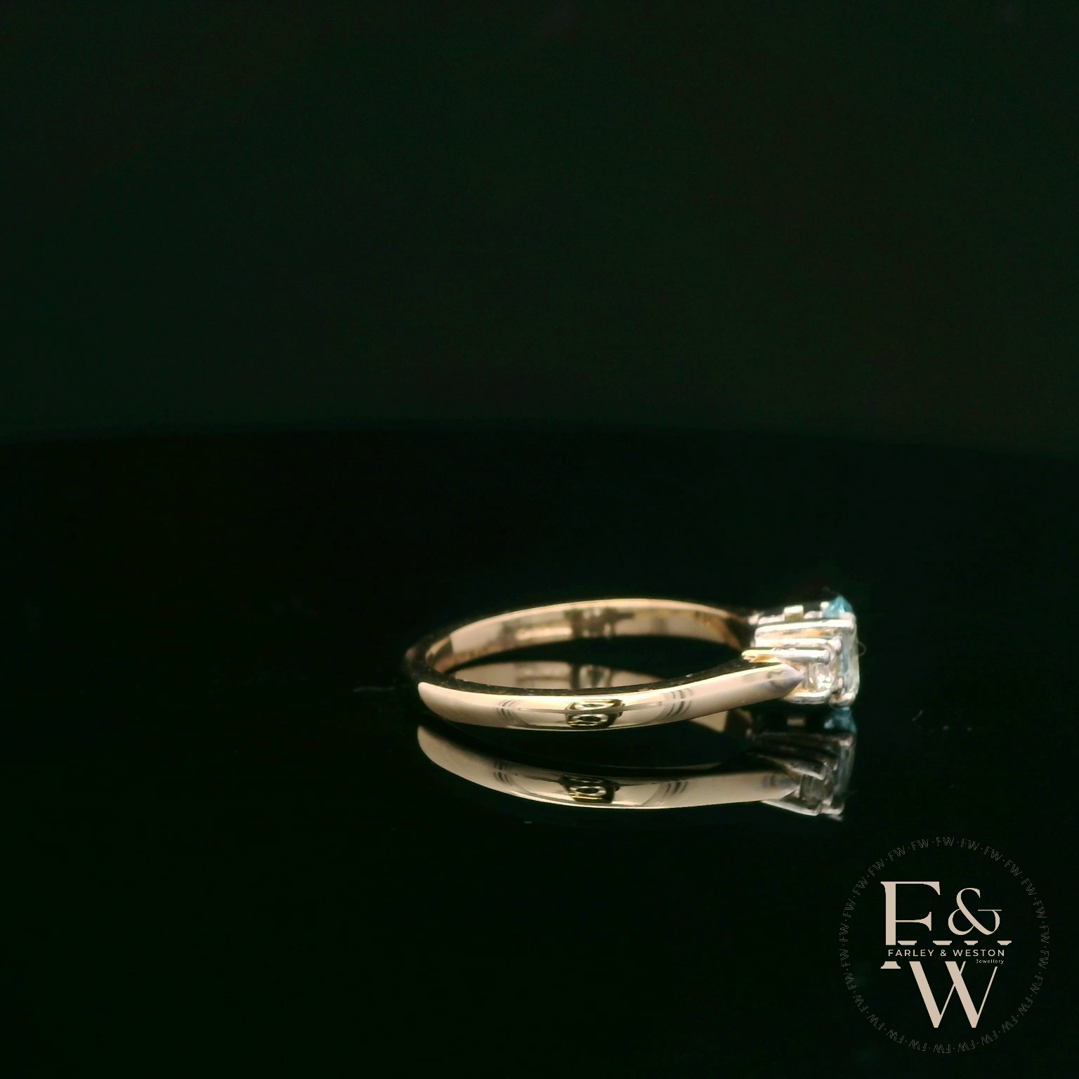 Lab-Grown Aqua and Diamond 9ct Yellow Gold Trilogy Ring