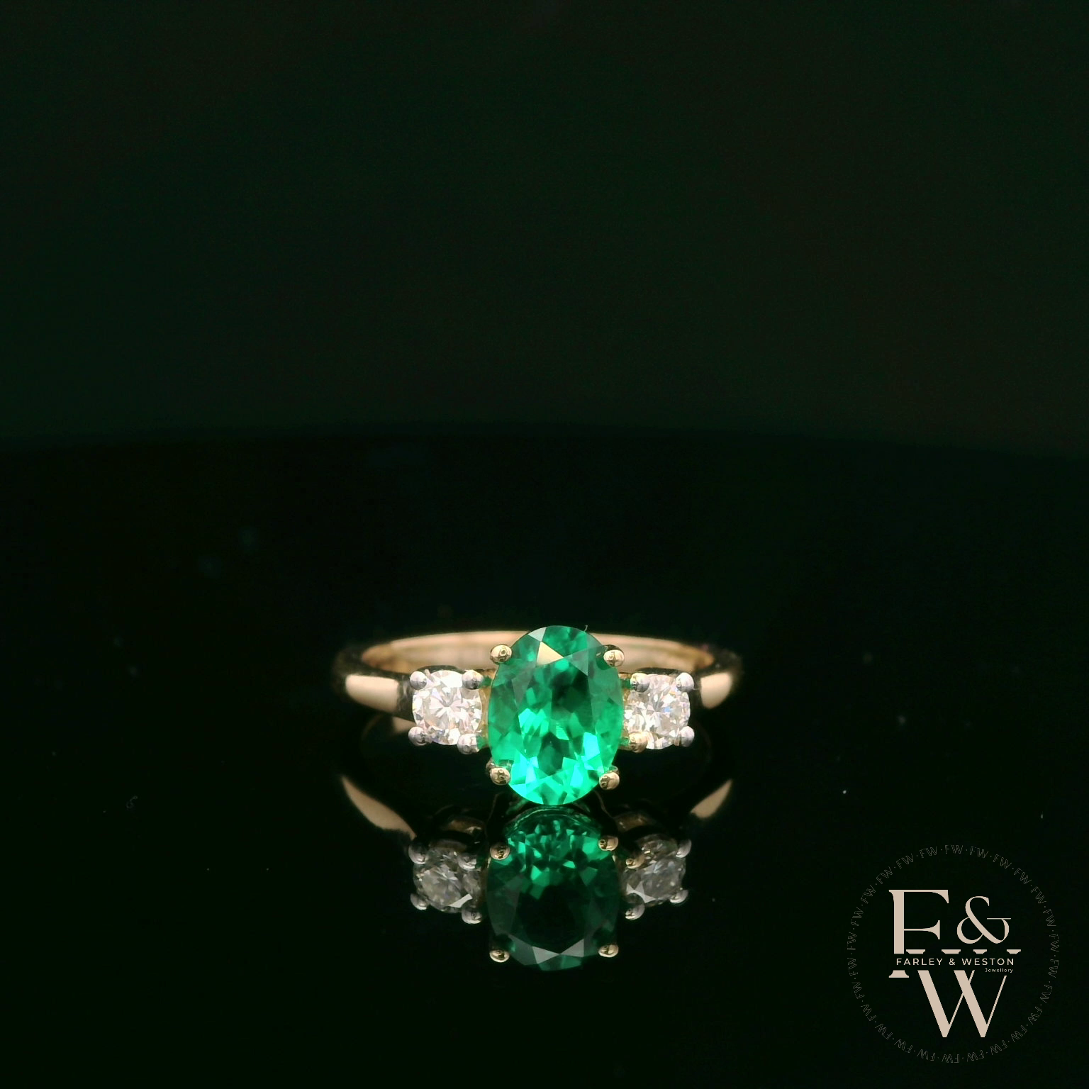Lab-Grown Emerald and Diamond 9ct Yellow Gold Trilogy Ring