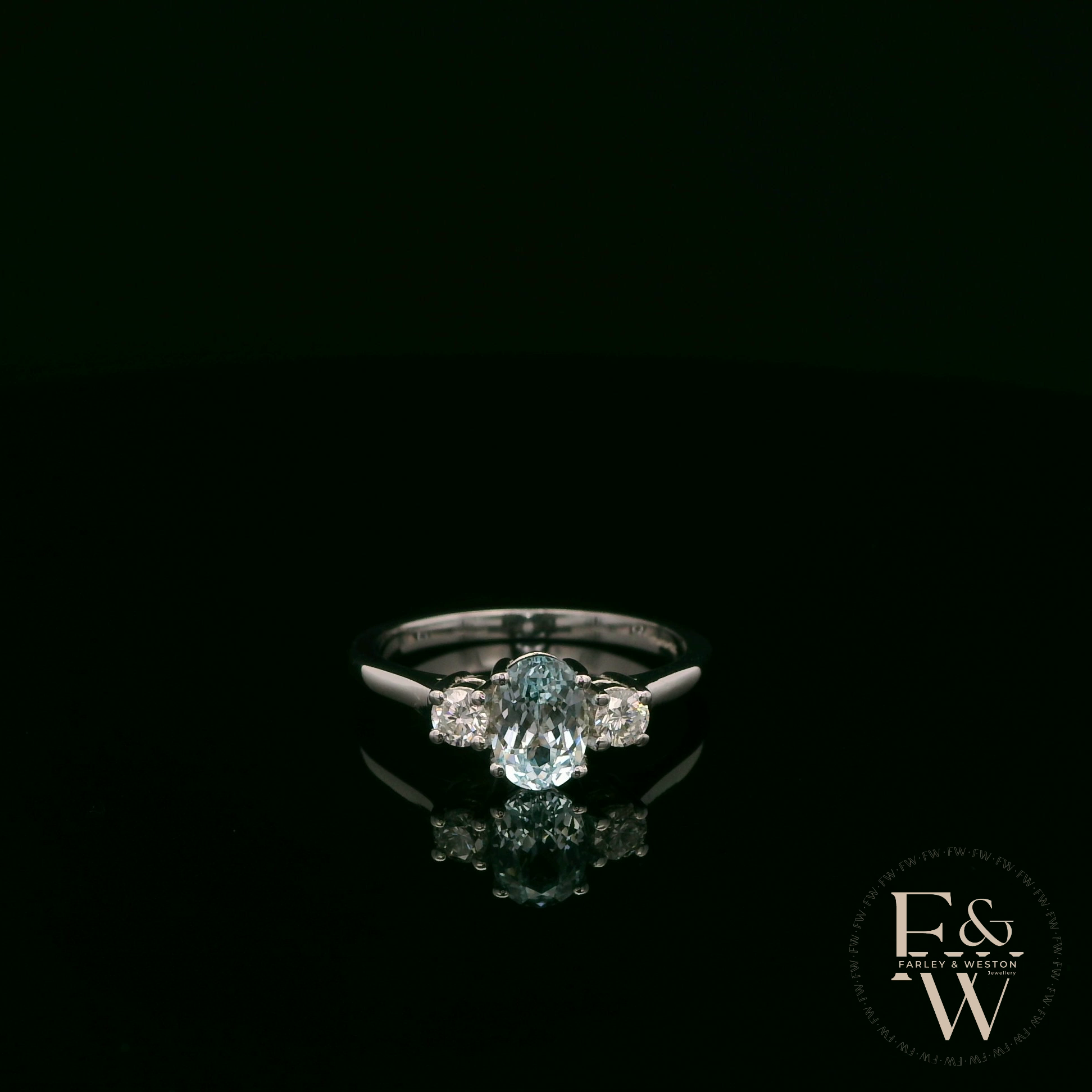 Lab-Grown Aqua and Diamond 9ct White Gold Trilogy Ring