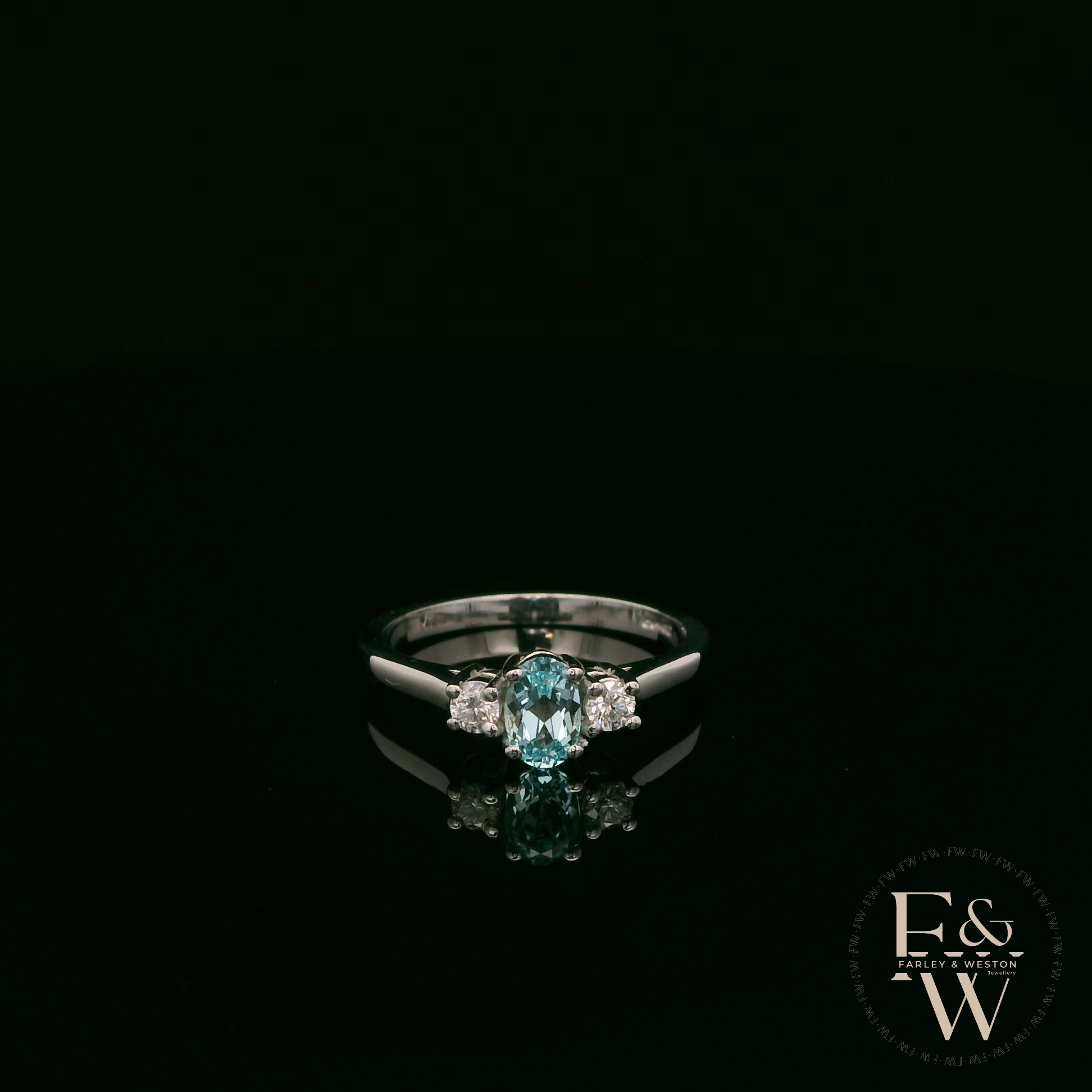 Lab-Grown Aqua and Diamond 9ct White Gold Trilogy Ring