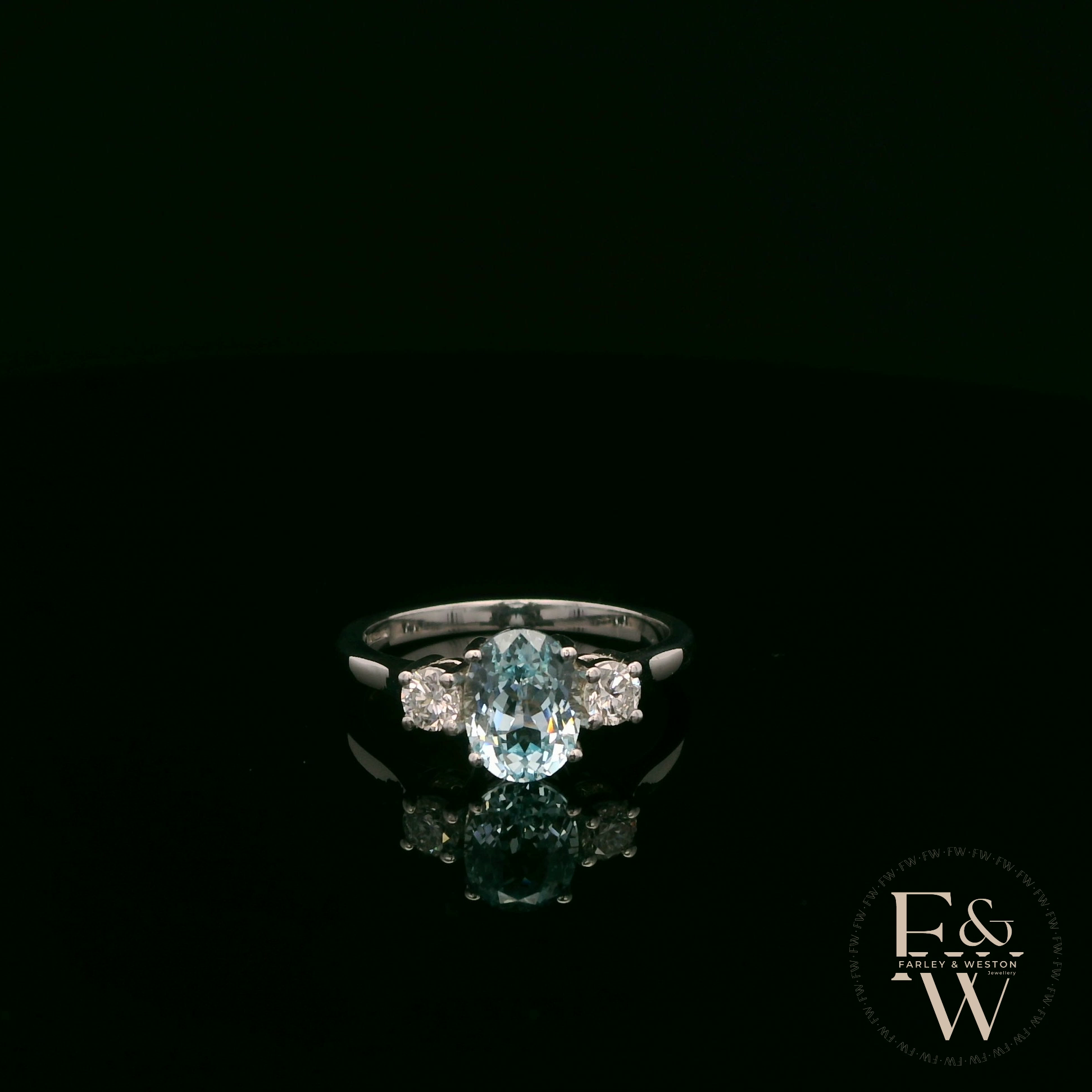 Lab-Grown Aqua and Diamond 9ct White Gold Trilogy Ring