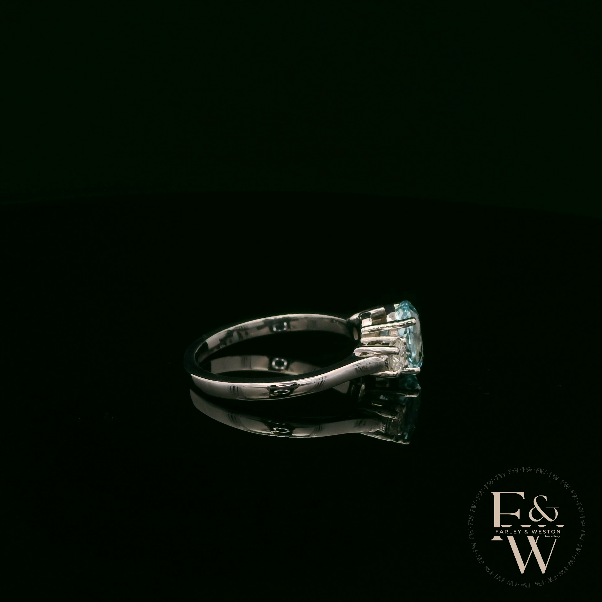 Lab-Grown Aqua and Diamond 9ct White Gold Trilogy Ring