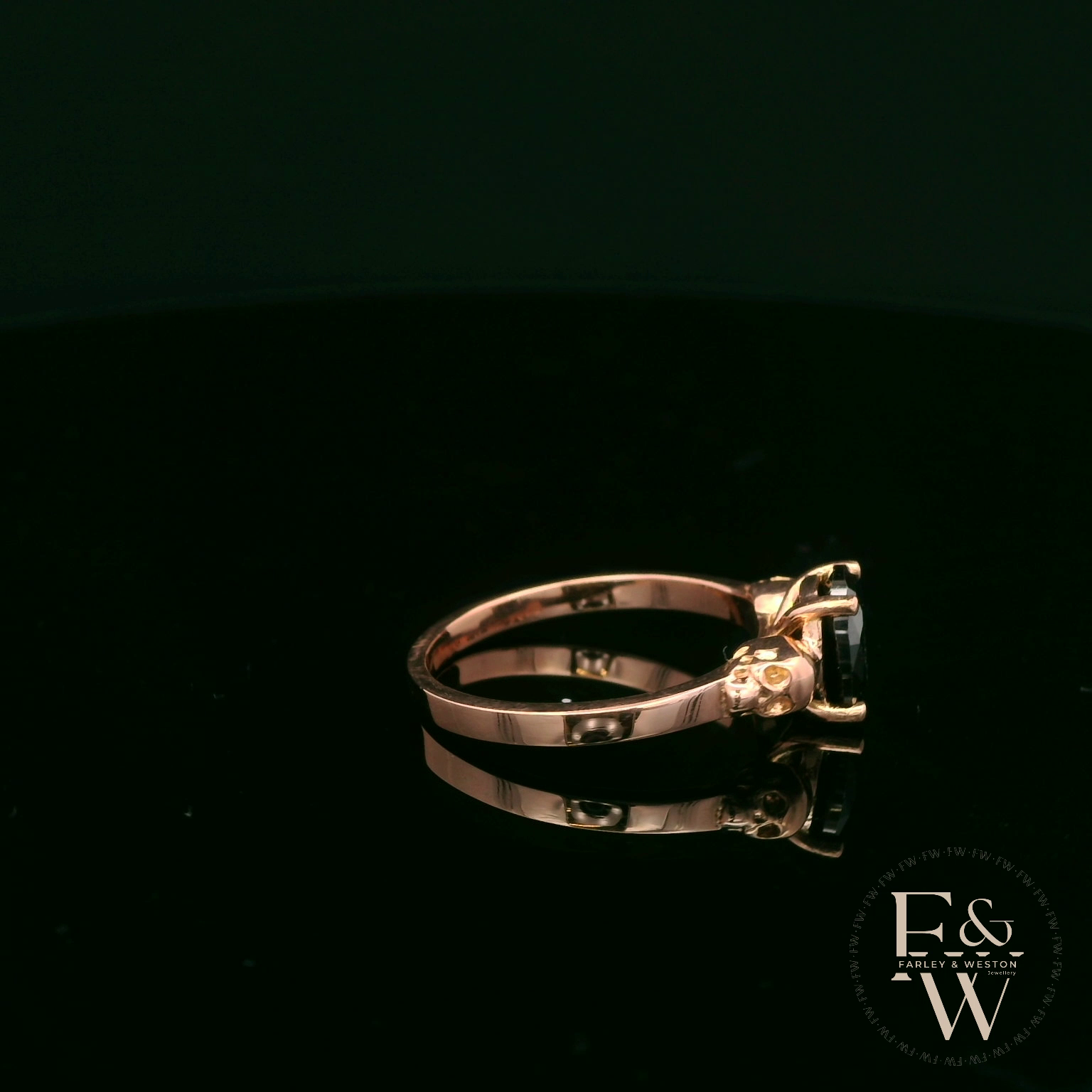 9ct Rose Gold Skull Shoulder Black CZ Solitaire Ring