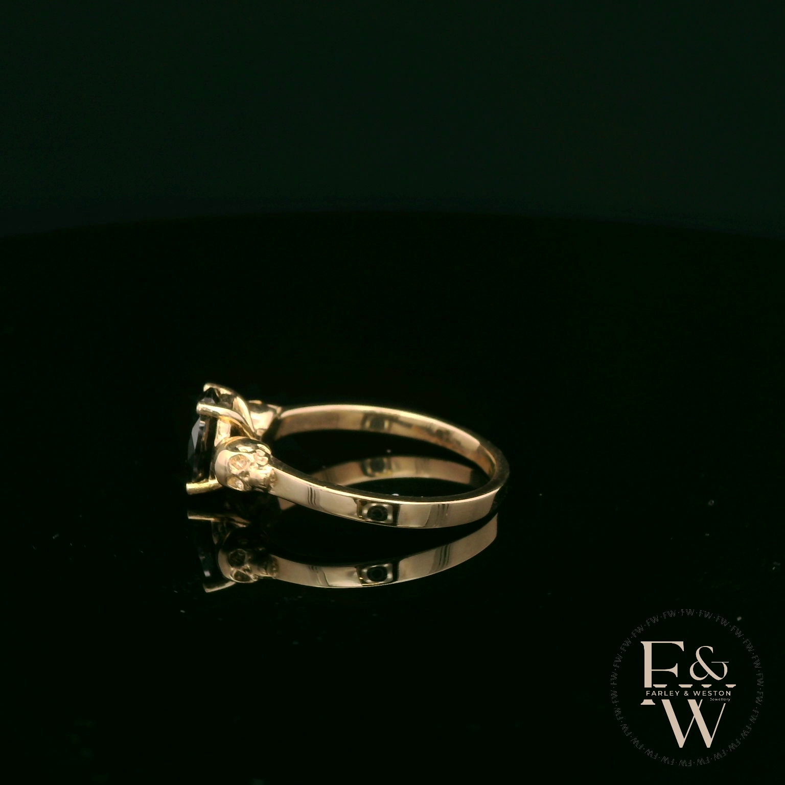 9ct Yellow Gold Skull Shoulder Black CZ Solitaire Ring