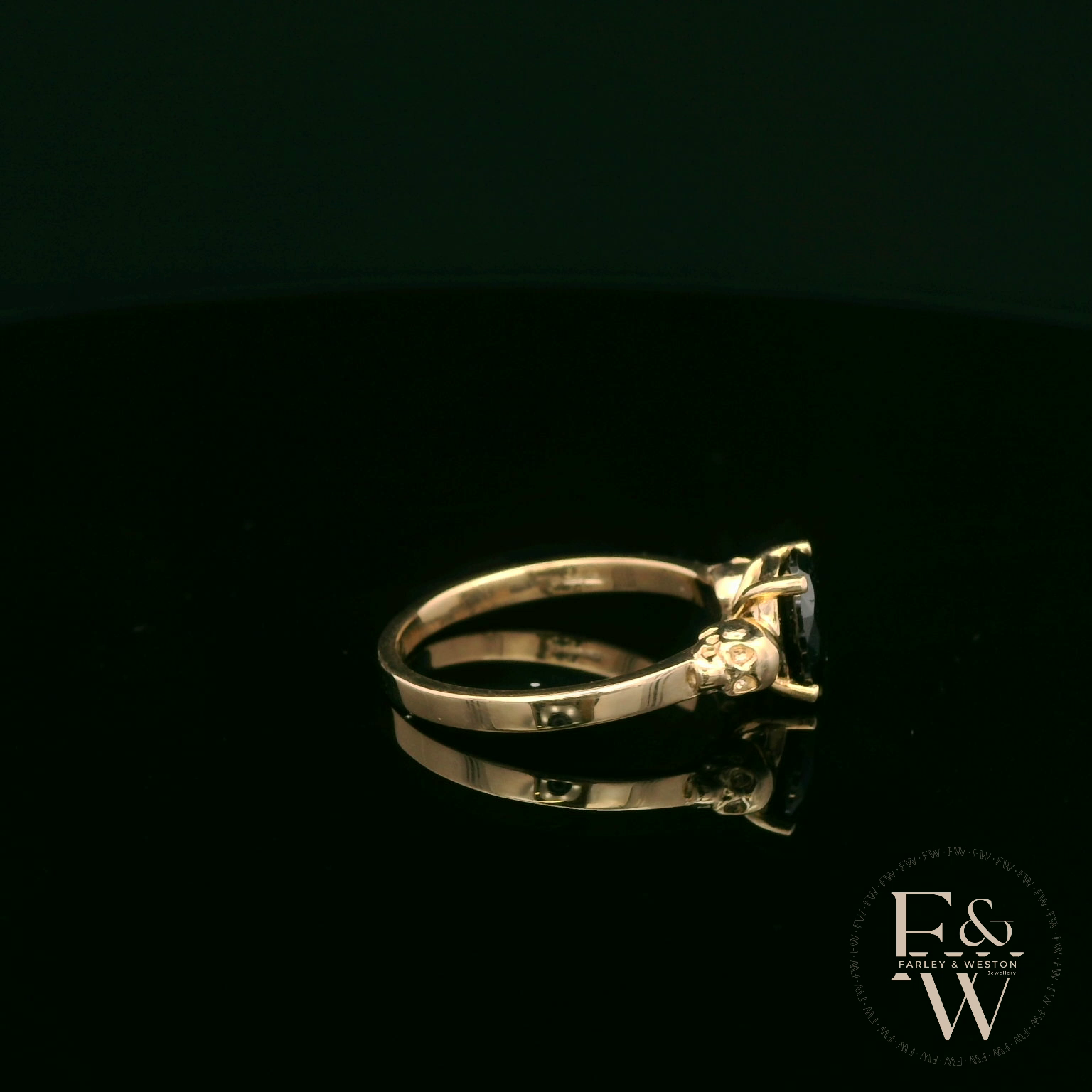 9ct Yellow Gold Skull Shoulder Black CZ Solitaire Ring