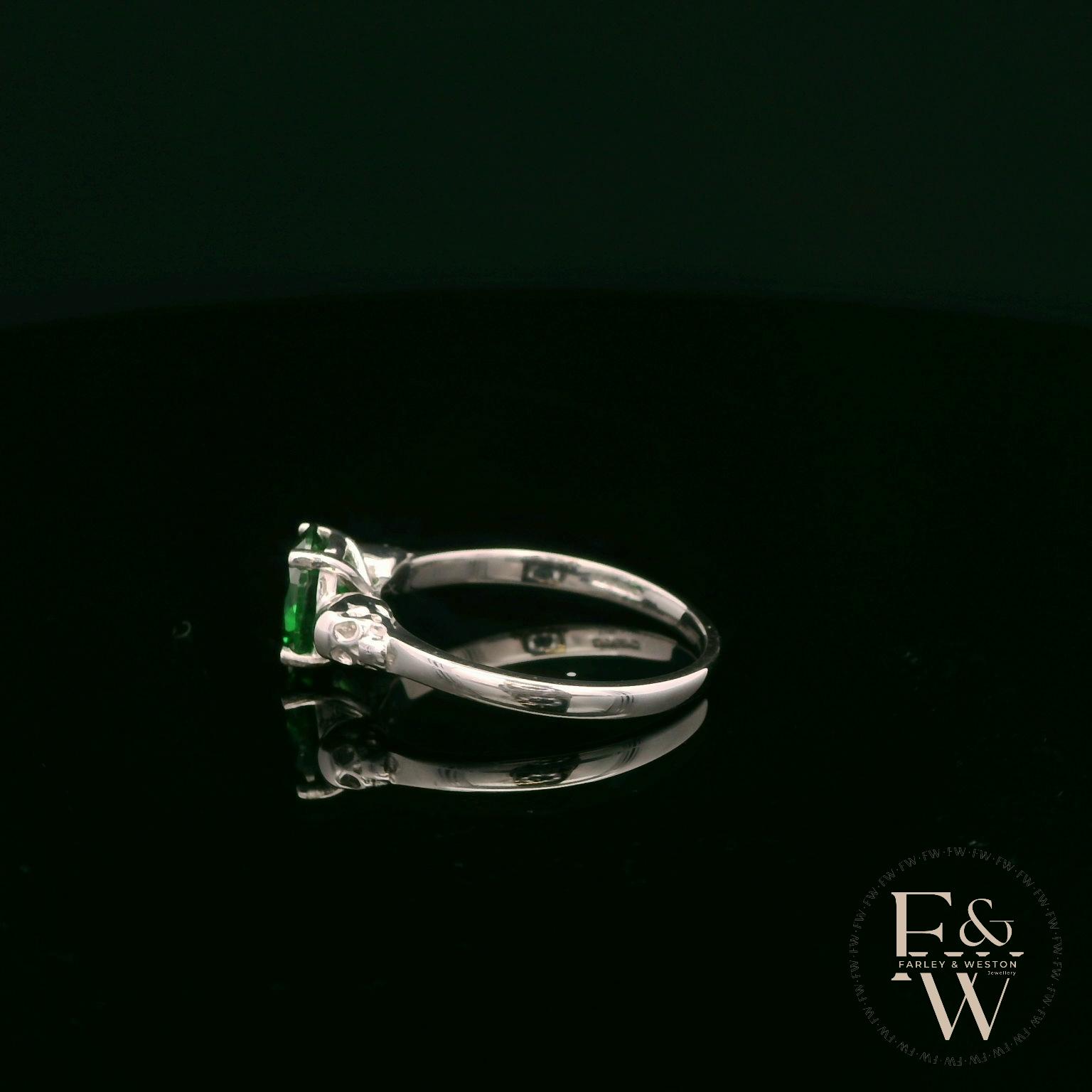 9ct White Gold Skull Shoulder Emerald CZ Solitaire Ring