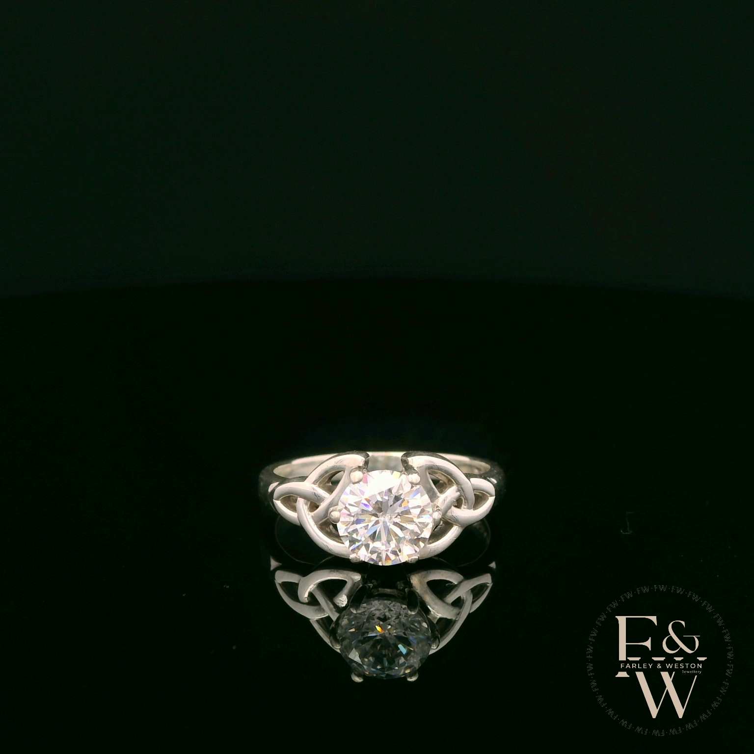Celtic Patterned Sterling Silver White CZ Single Stone Ring