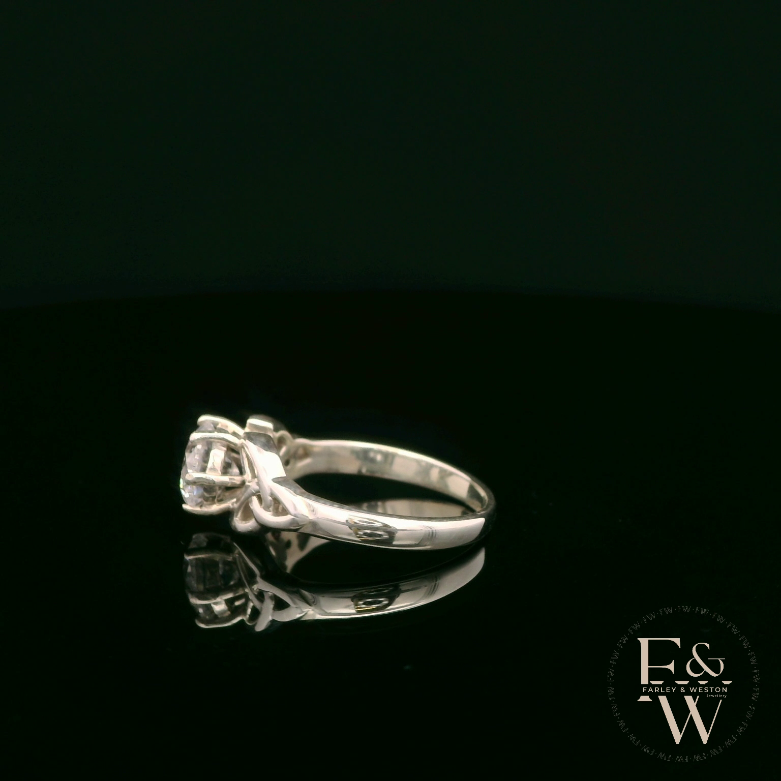 Celtic Patterned Sterling Silver White CZ Single Stone Ring