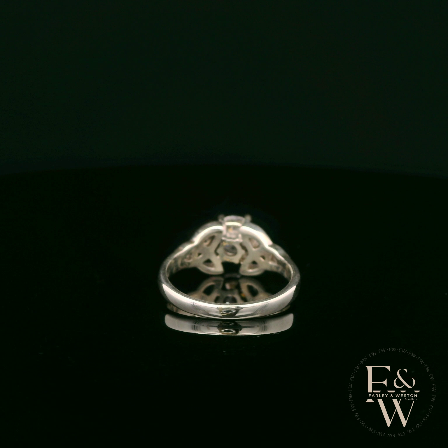 Celtic Patterned Sterling Silver White CZ Single Stone Ring