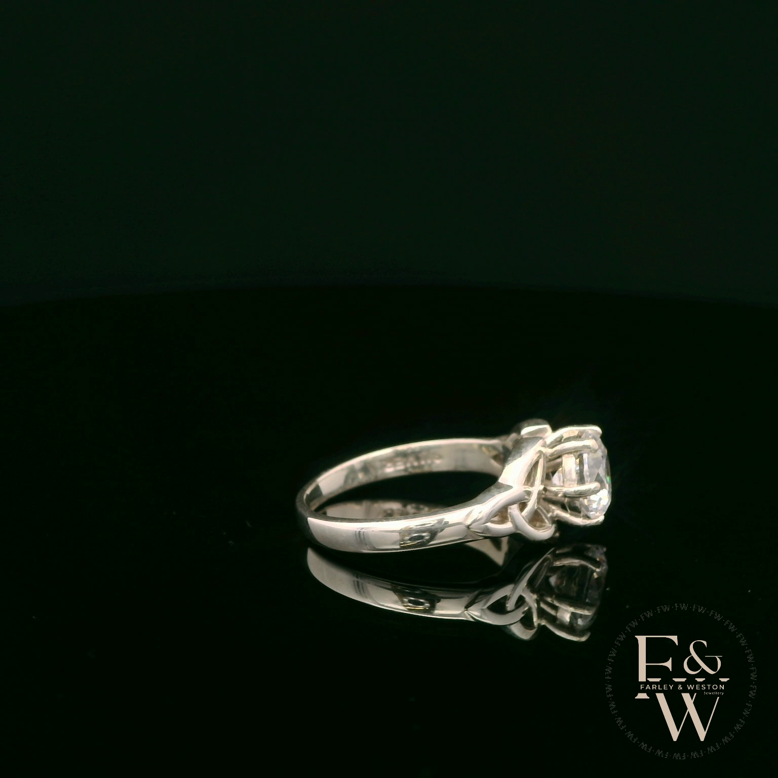 Celtic Patterned Sterling Silver White CZ Single Stone Ring