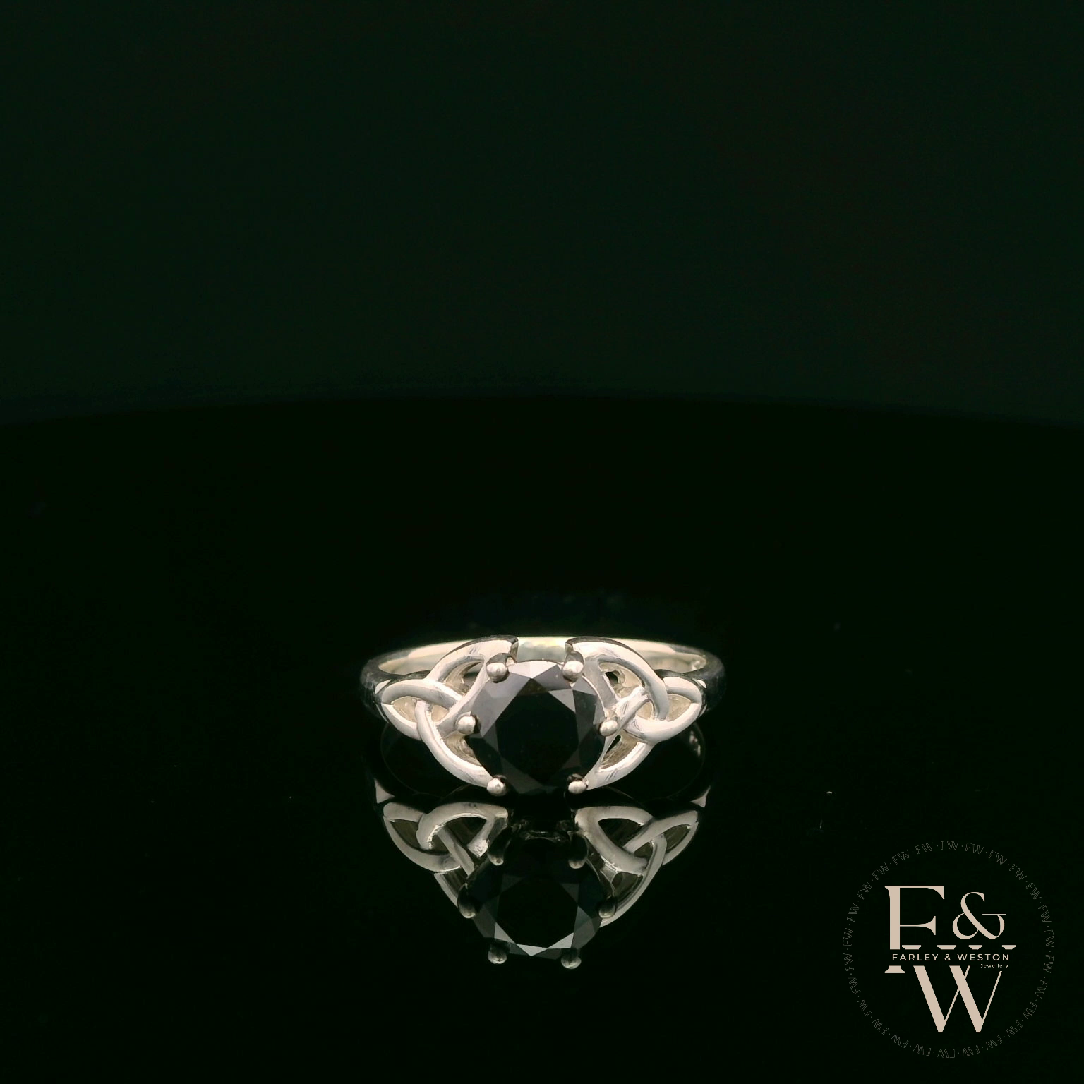 Celtic Patterned Sterling Silver Black CZ Single Stone Ring