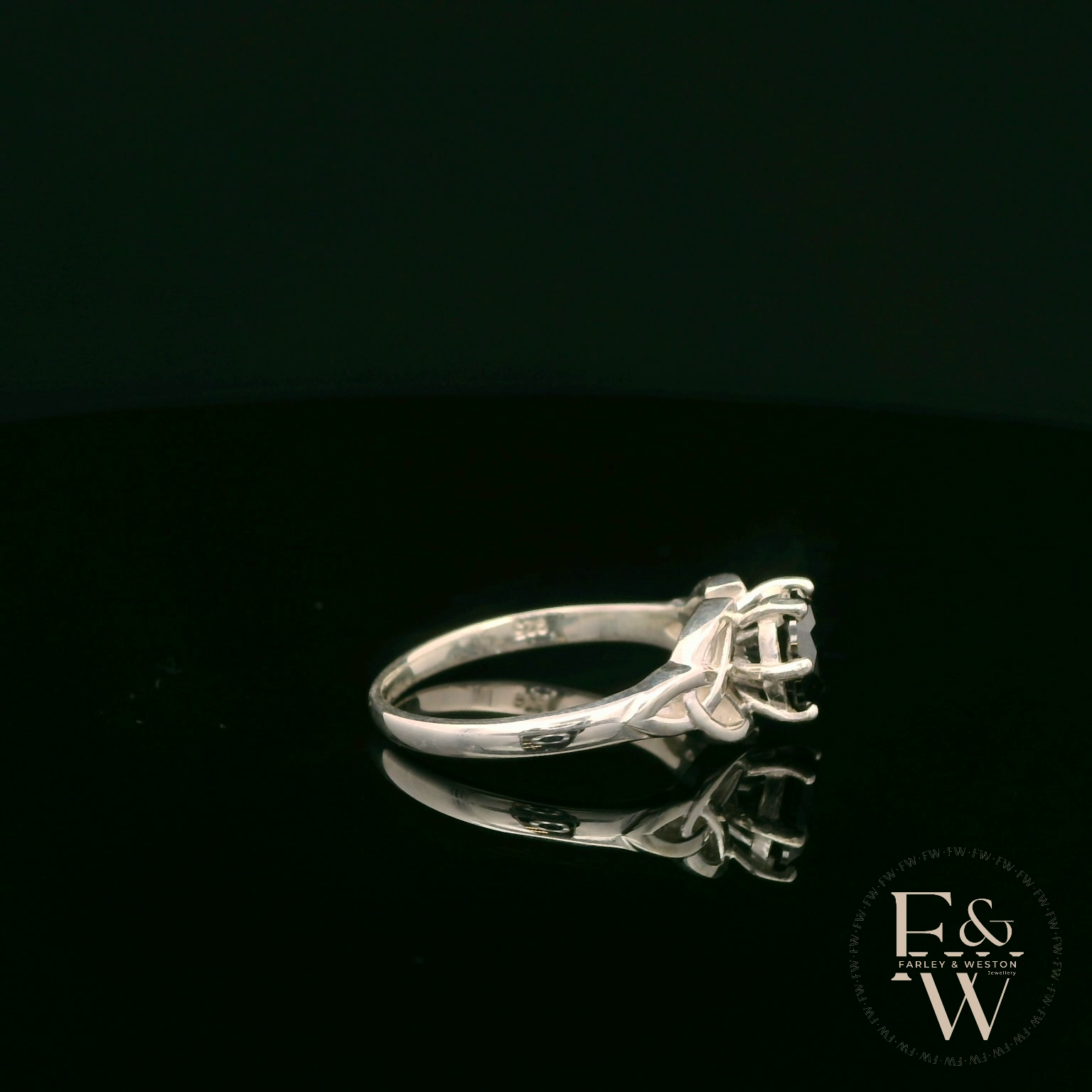 Celtic Patterned Sterling Silver Black CZ Single Stone Ring