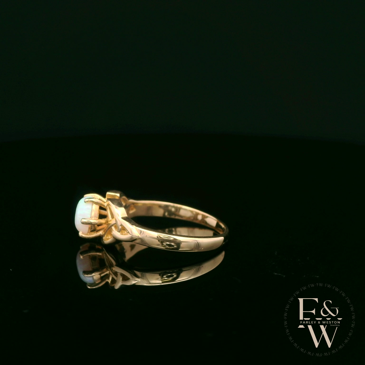Celtic Patterned 9ct Yellow Gold Cultured Opal Single Stone Ring