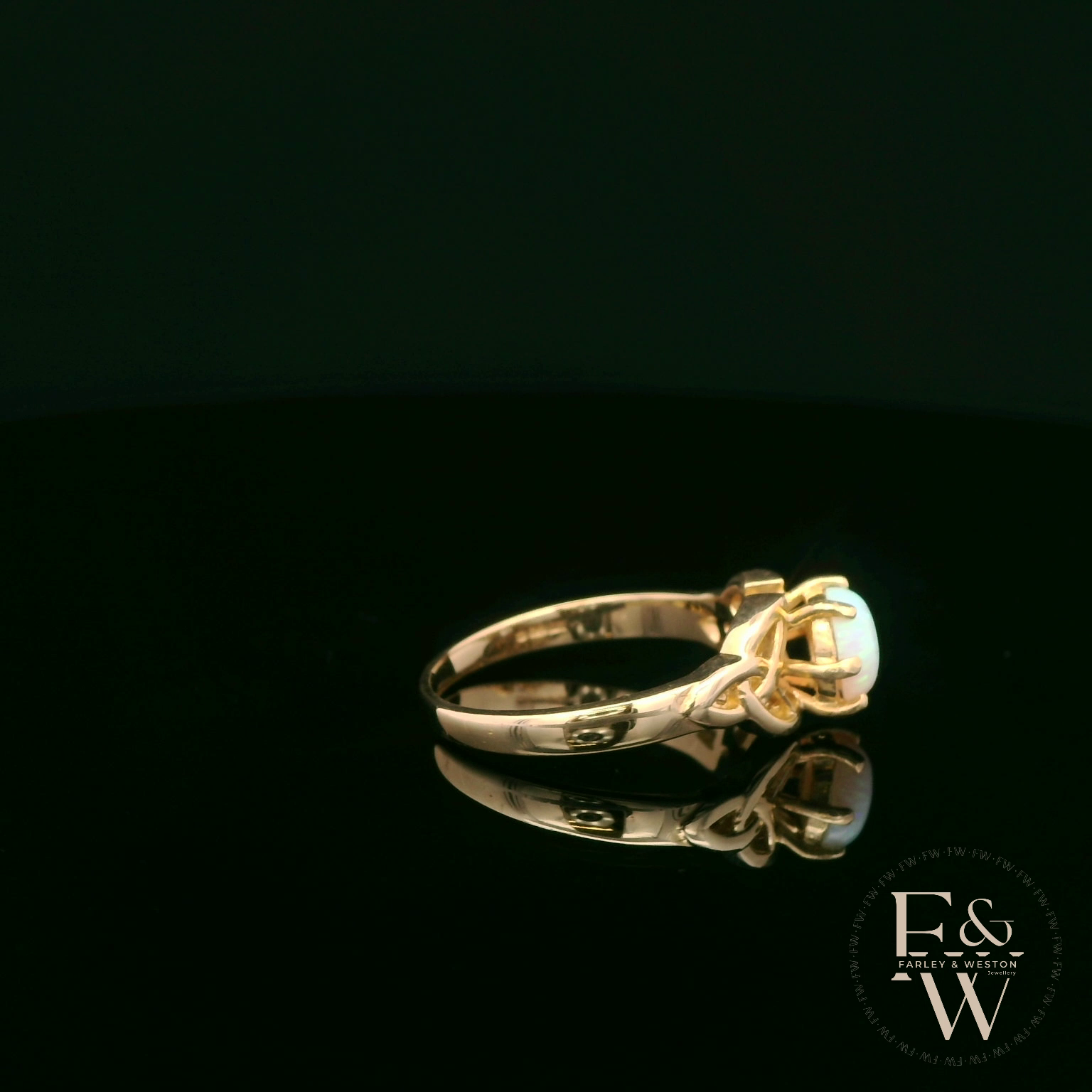Celtic Patterned 9ct Yellow Gold Cultured Opal Single Stone Ring