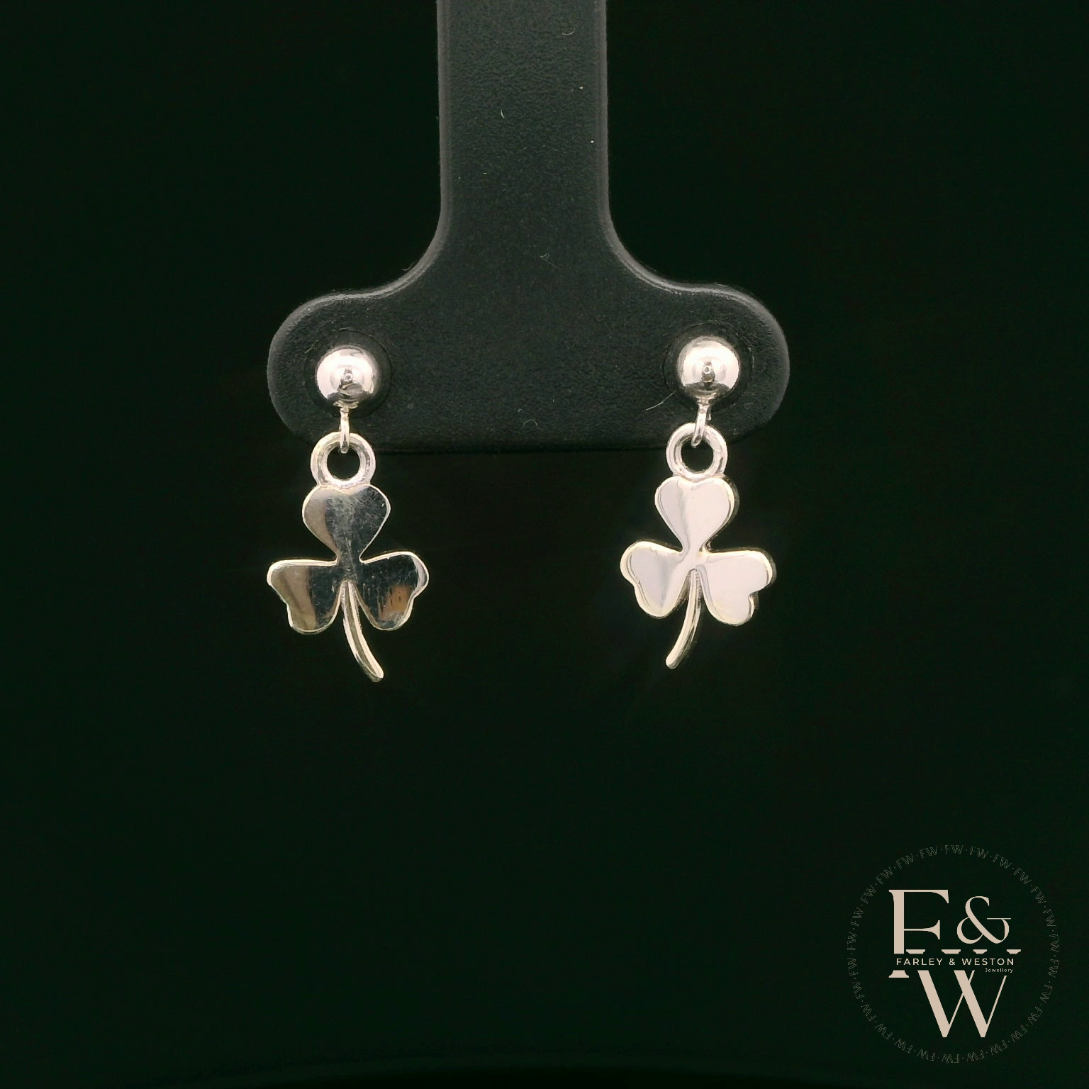 9ct White Gold 3 Leaf Clover Dropper Earrings