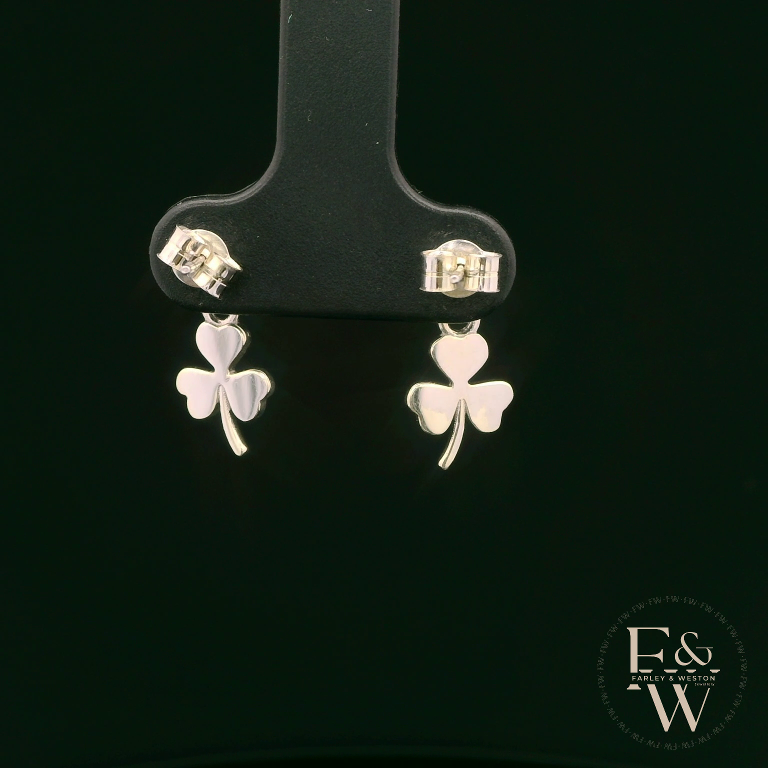 9ct White Gold 3 Leaf Clover Dropper Earrings
