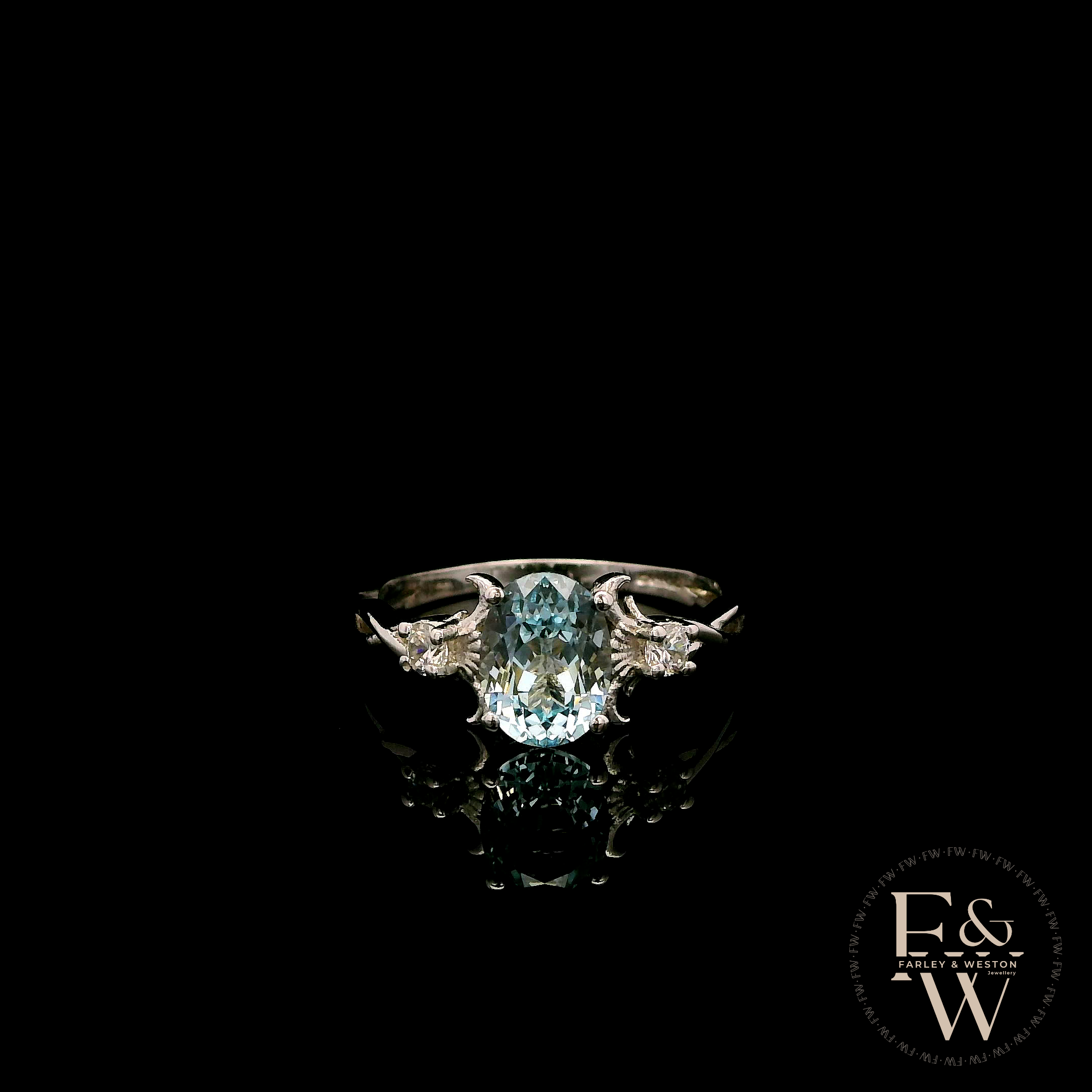9ct White Gold Patterned Twist Shank Lab-Grown Aqua Trilogy Ring