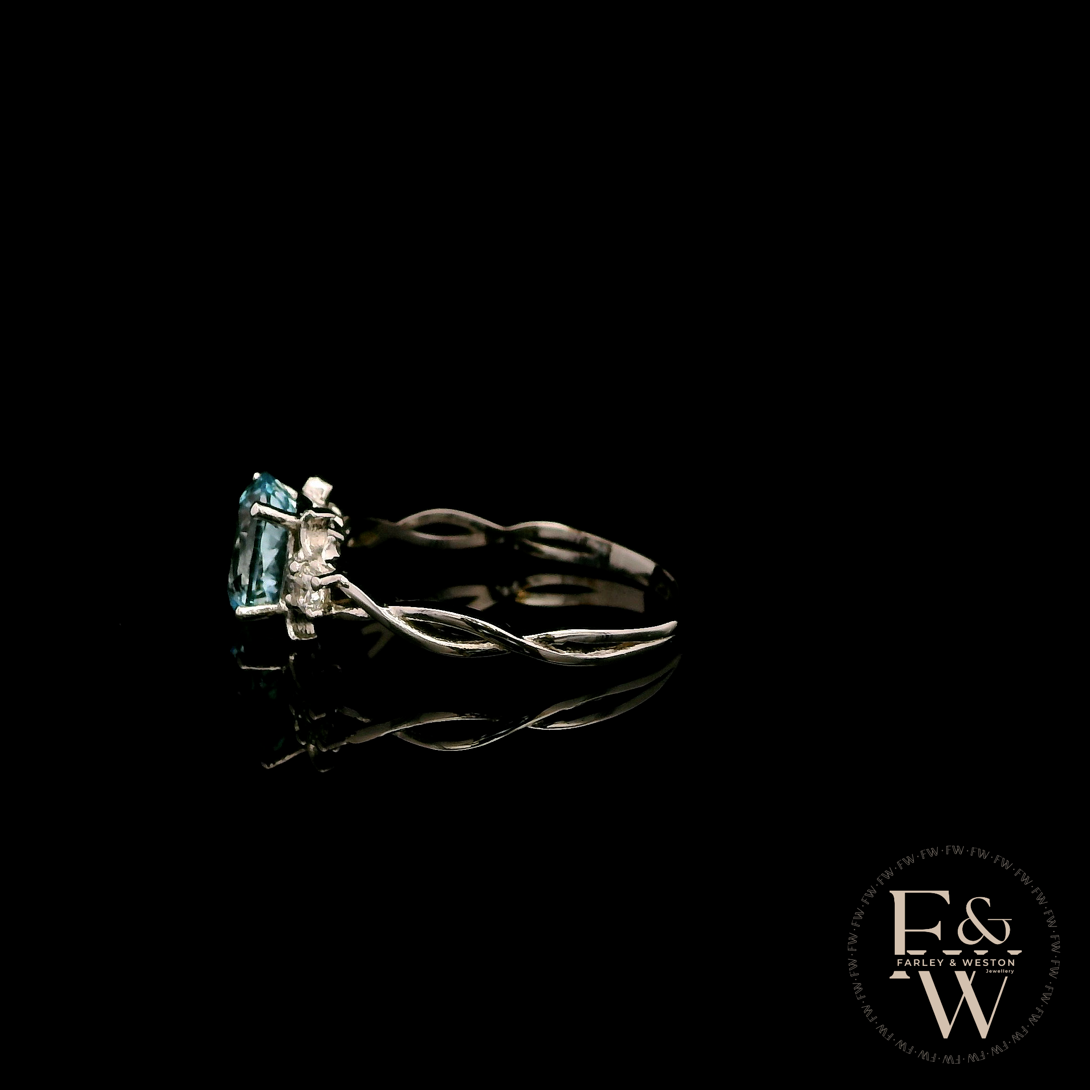 9ct White Gold Patterned Twist Shank Lab-Grown Aqua Trilogy Ring