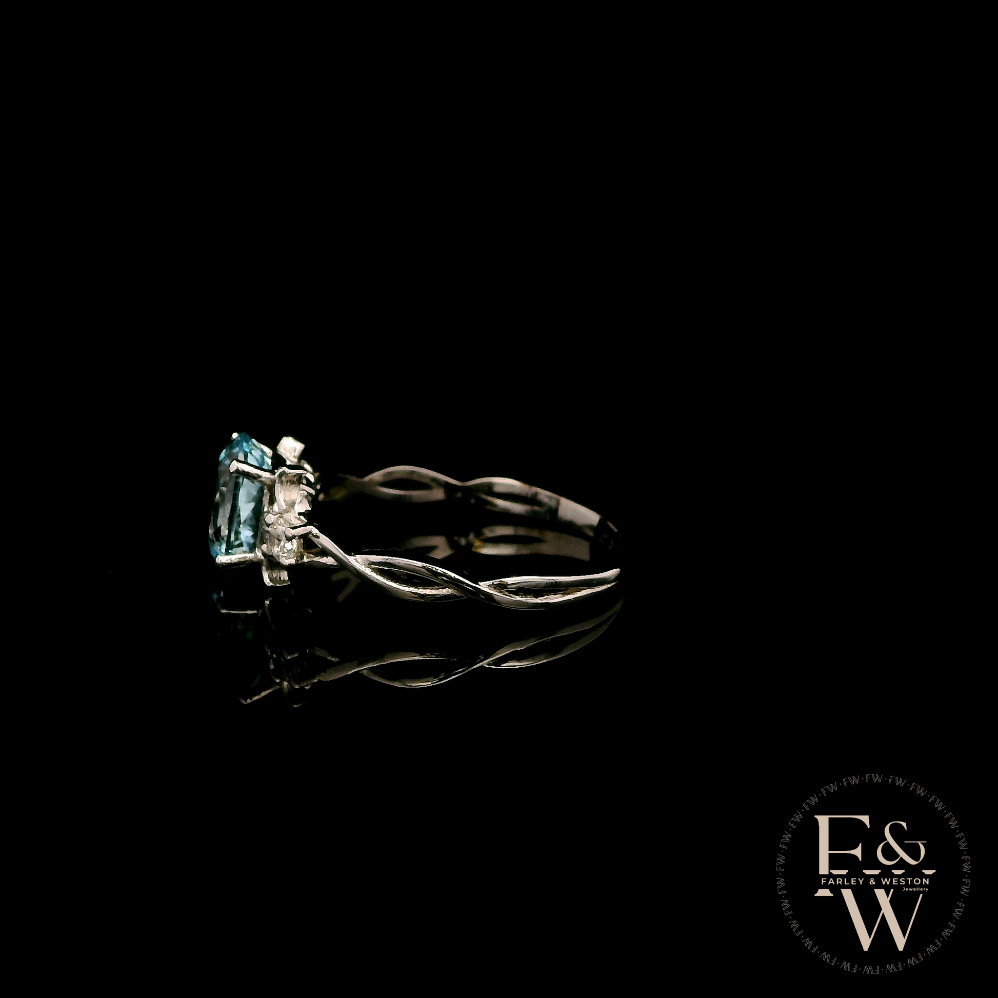 9ct White Gold Patterned Twist Shank Lab-Grown Aqua Trilogy Ring