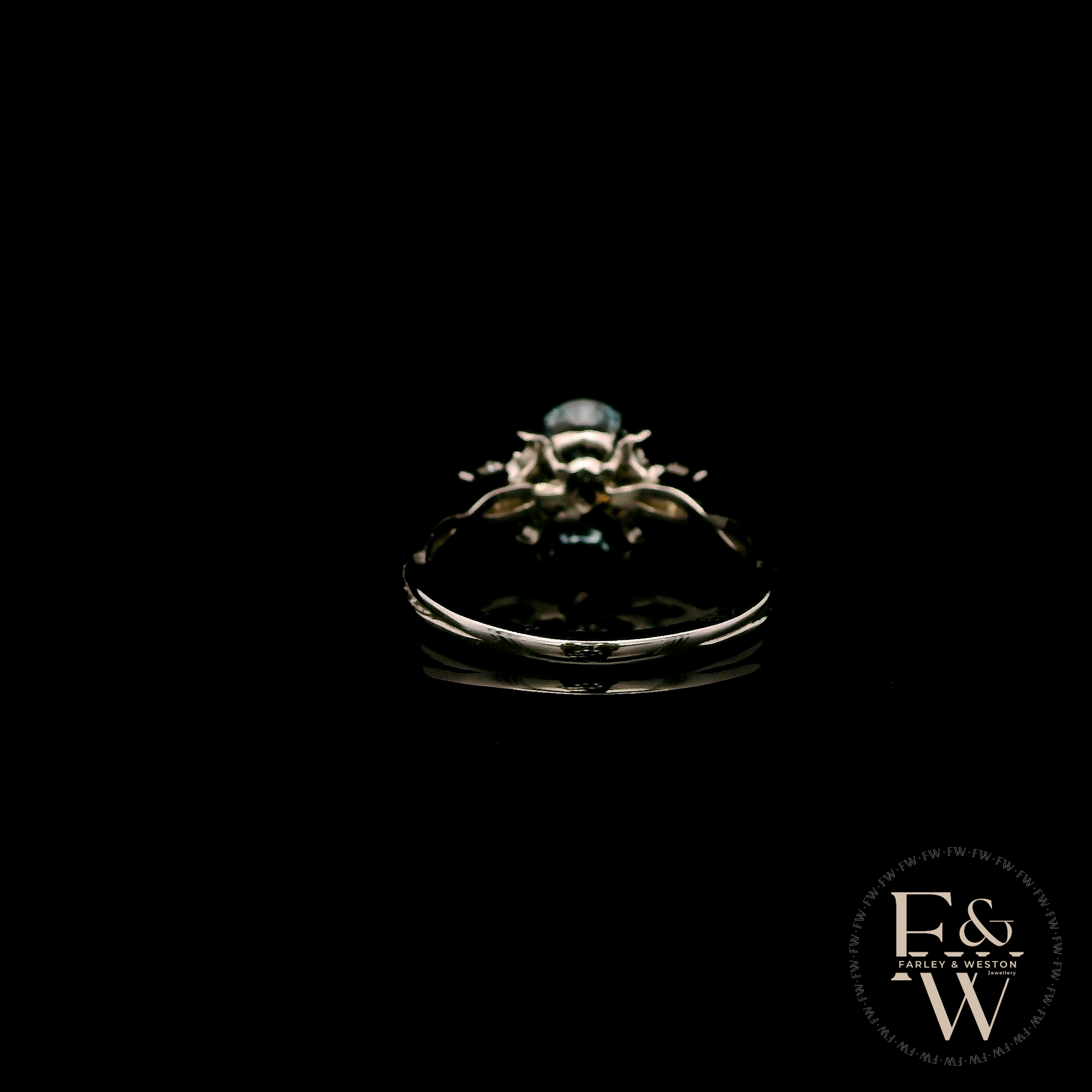 9ct White Gold Patterned Twist Shank Lab-Grown Aqua Trilogy Ring