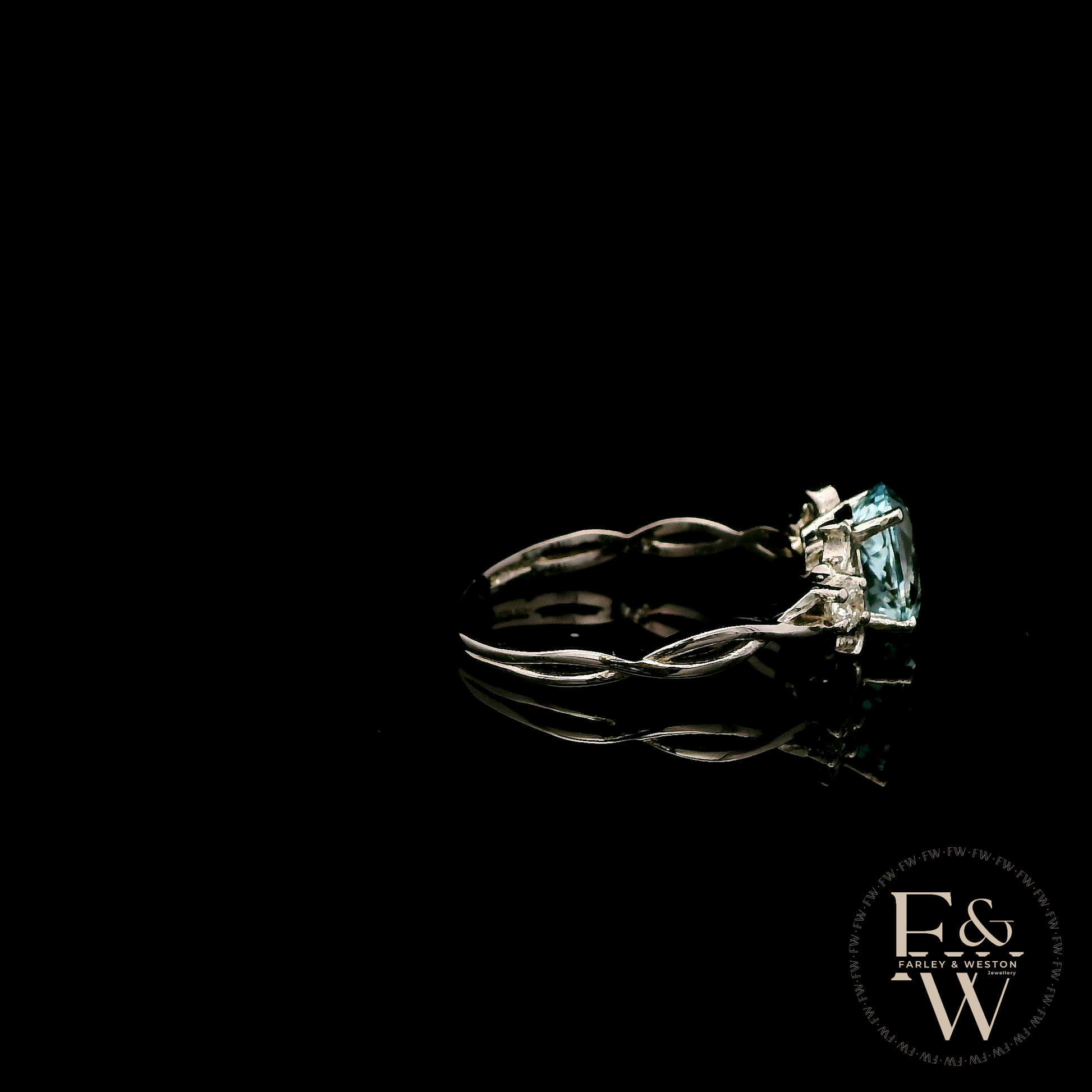 9ct White Gold Patterned Twist Shank Lab-Grown Aqua Trilogy Ring