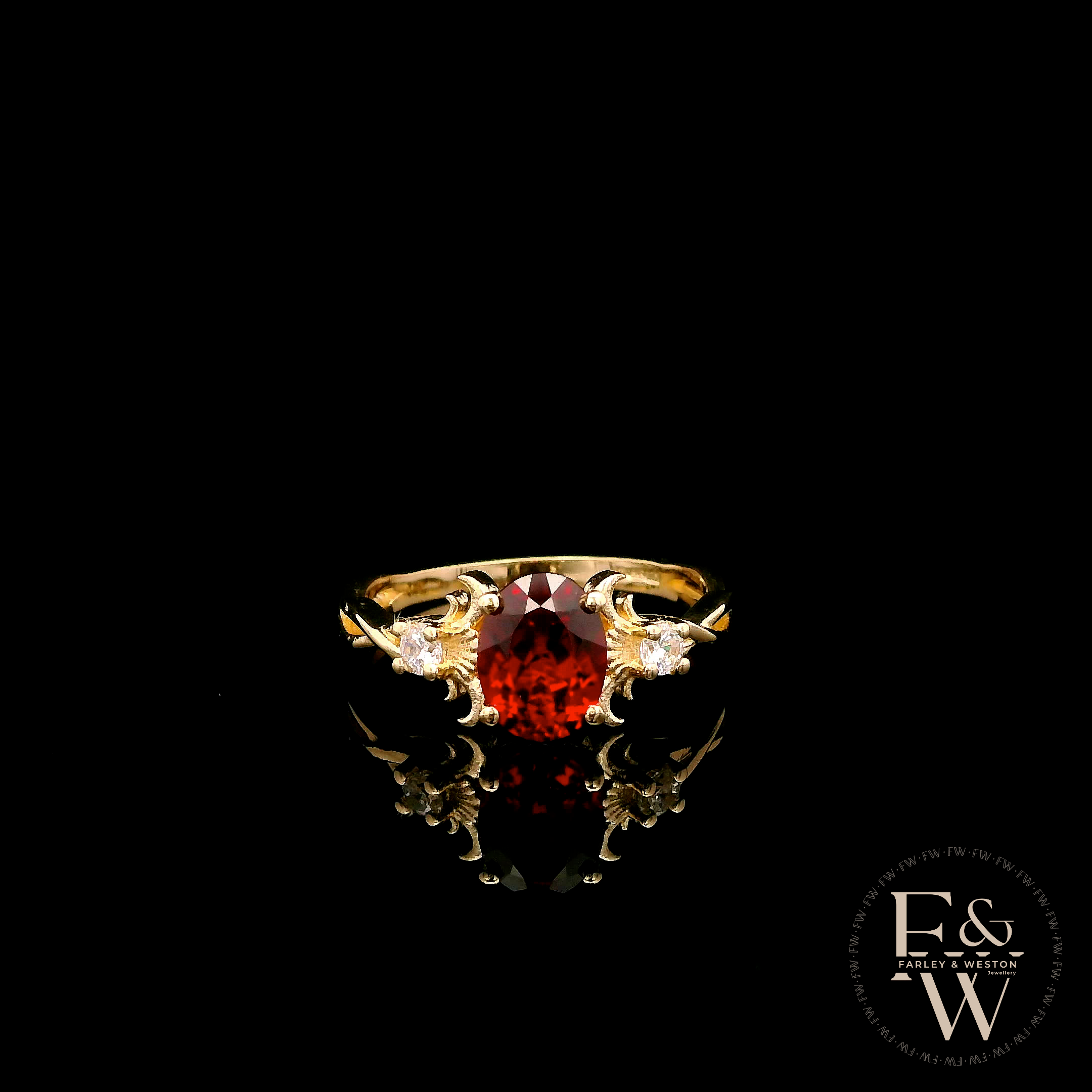 9ct Yellow Gold Patterned Twist Shank Lab-Grown Ruby Trilogy Ring
