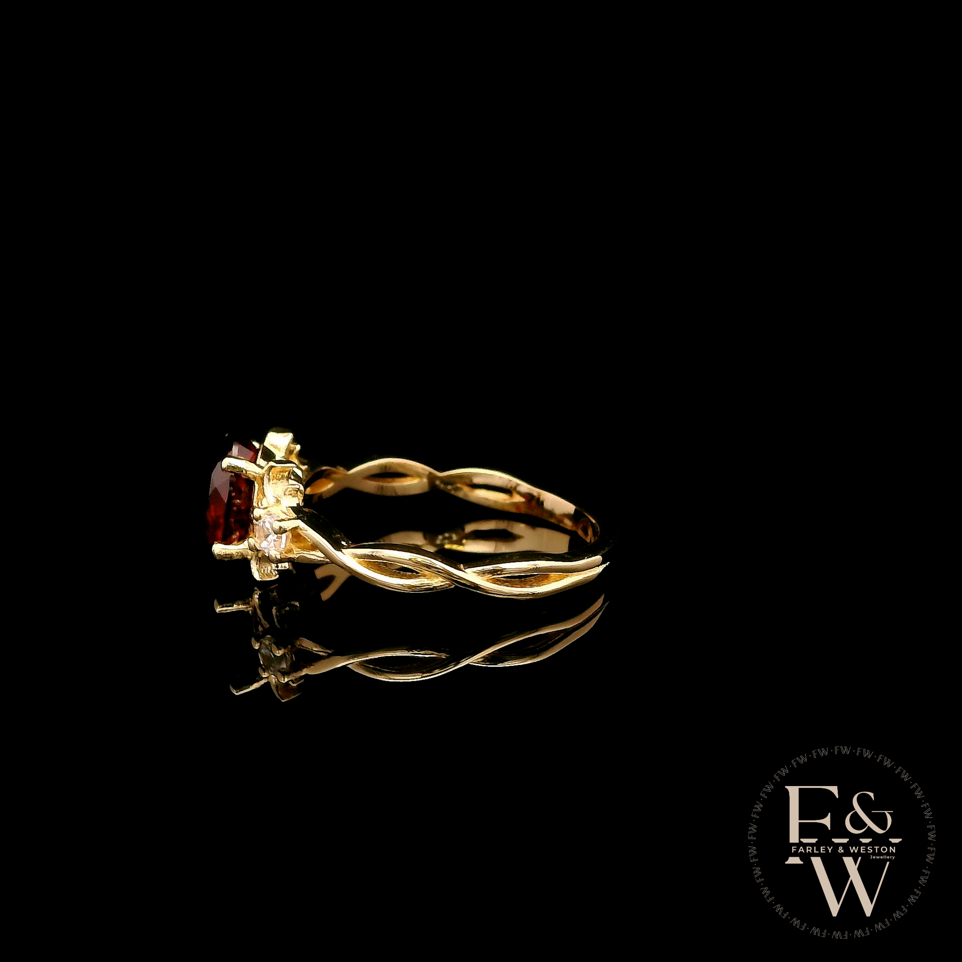 9ct Yellow Gold Patterned Twist Shank Lab-Grown Ruby Trilogy Ring