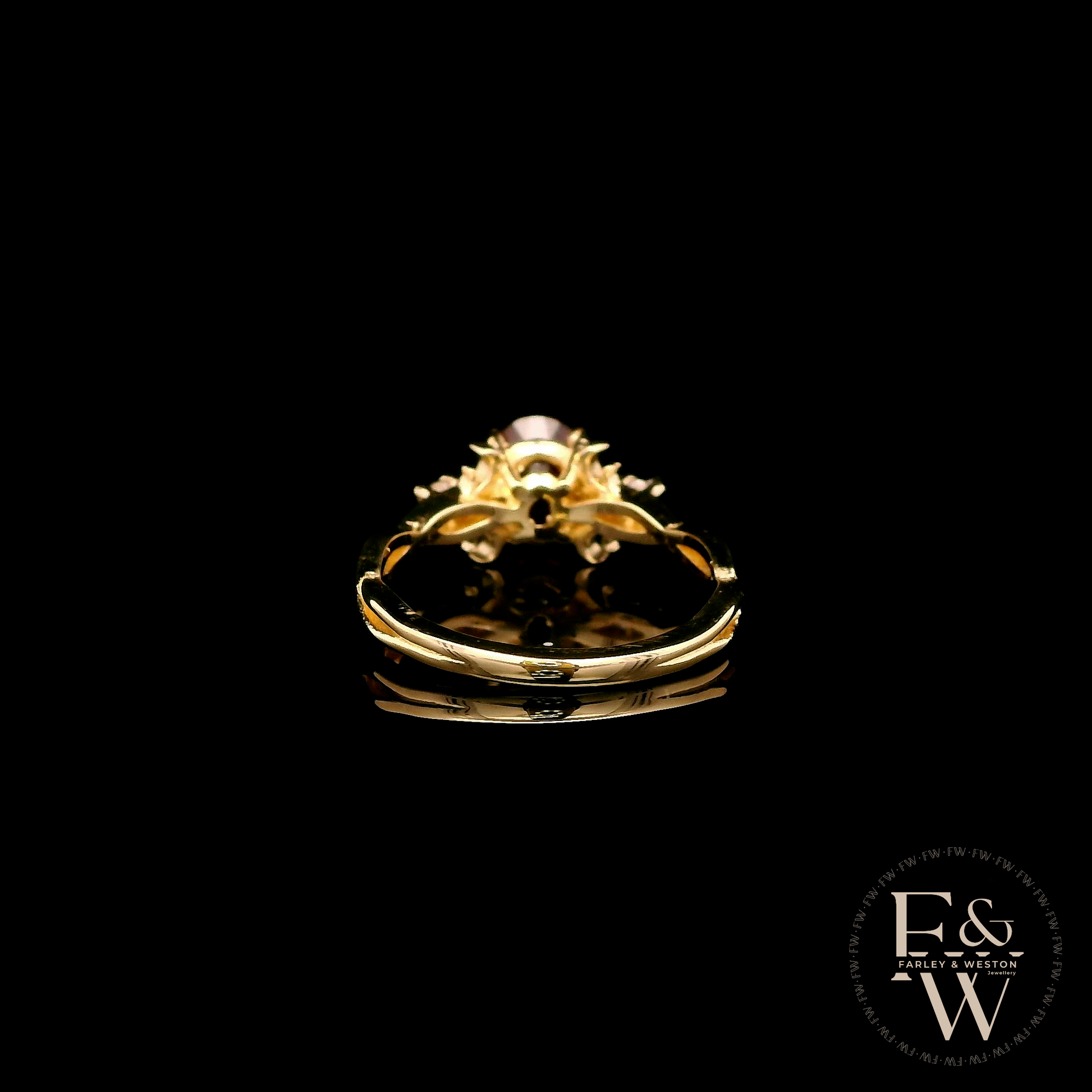 9ct Yellow Gold Patterned Twist Shank Lab-Grown Ruby Trilogy Ring