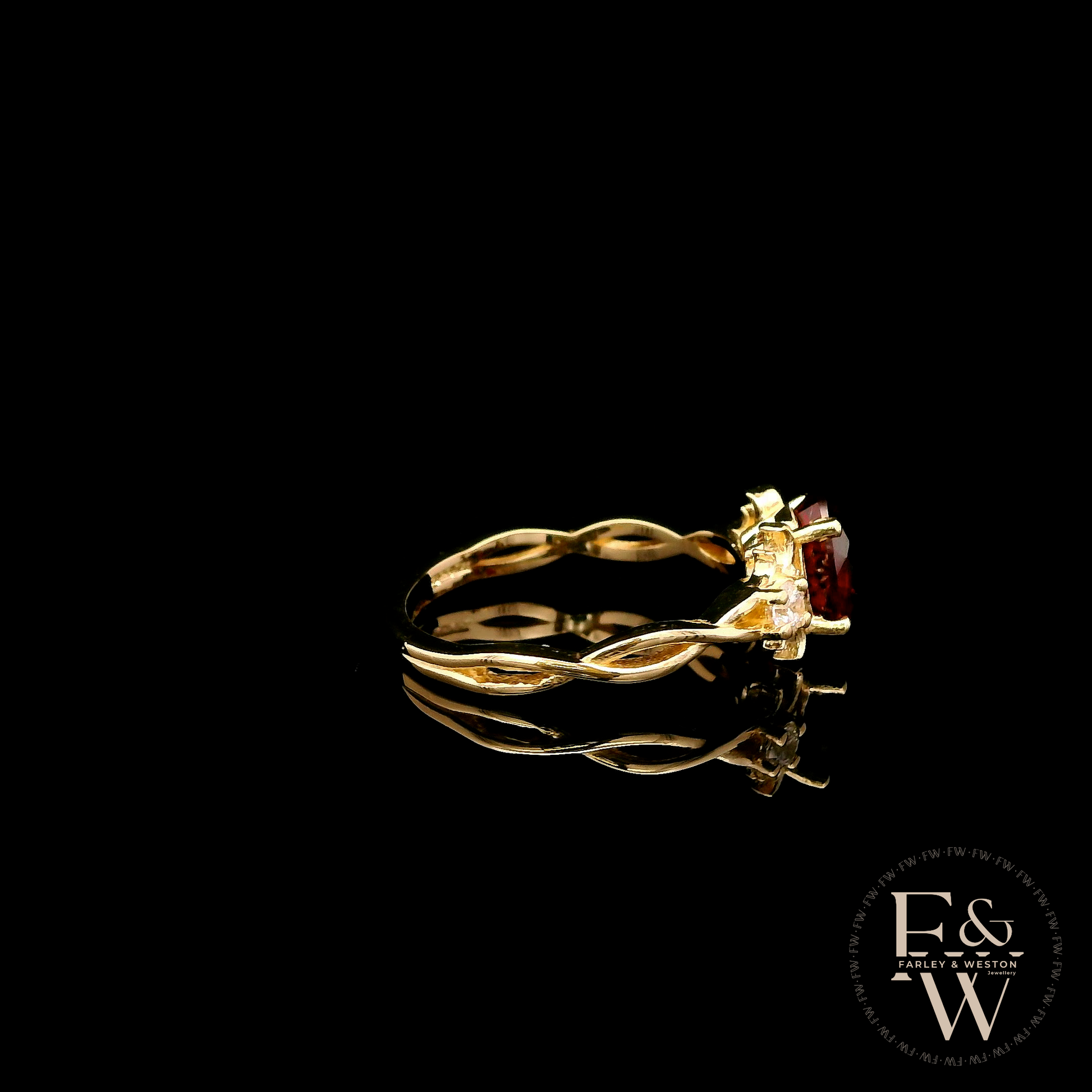 9ct Yellow Gold Patterned Twist Shank Lab-Grown Ruby Trilogy Ring