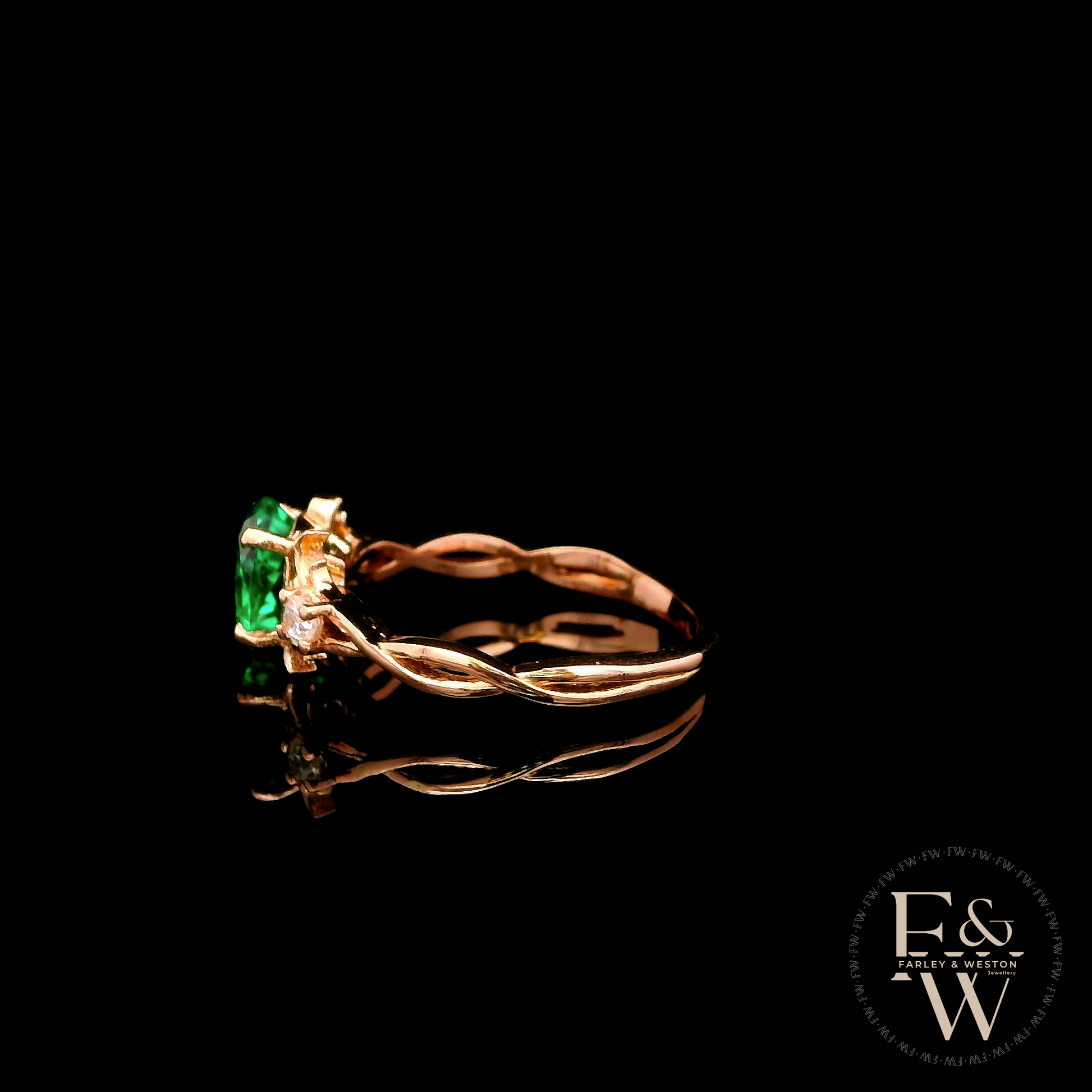 9ct Rose Gold Patterned Twist Shank Lab-Grown Emerald Trilogy Ring
