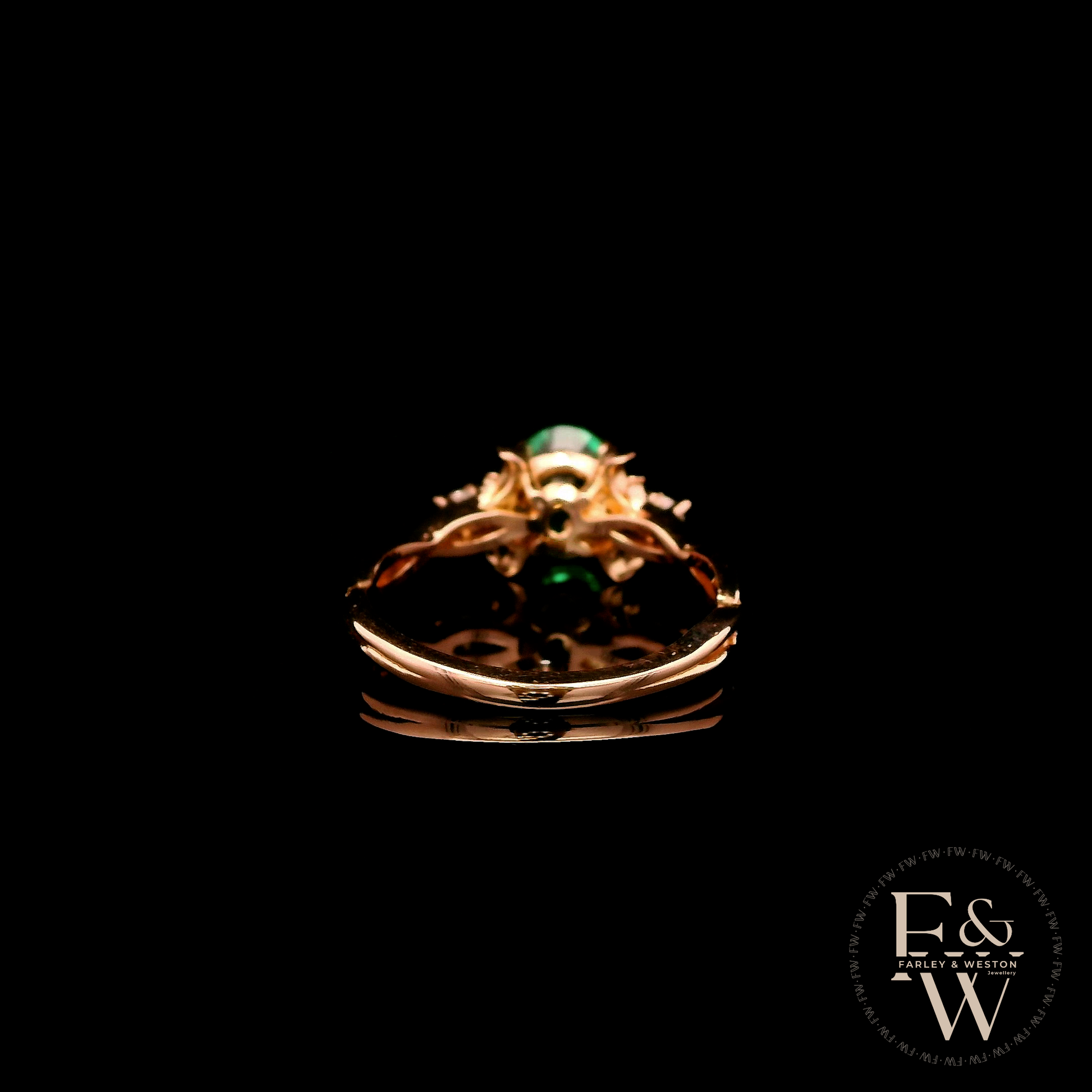 9ct Rose Gold Patterned Twist Shank Lab-Grown Emerald Trilogy Ring